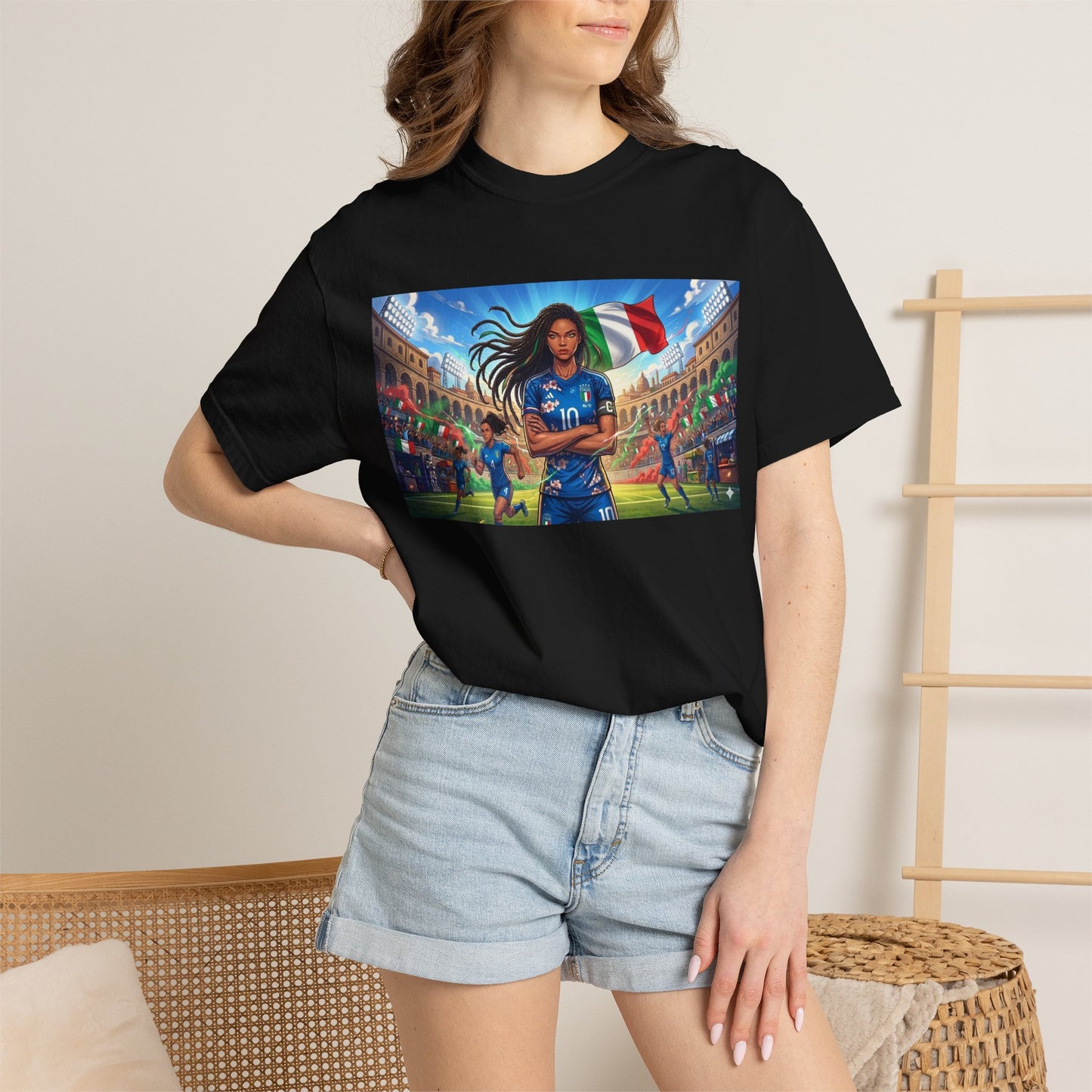 Italian Soccer Fan T‑Shirt – Inspirational Female Player with Italy Flag Stadium Print