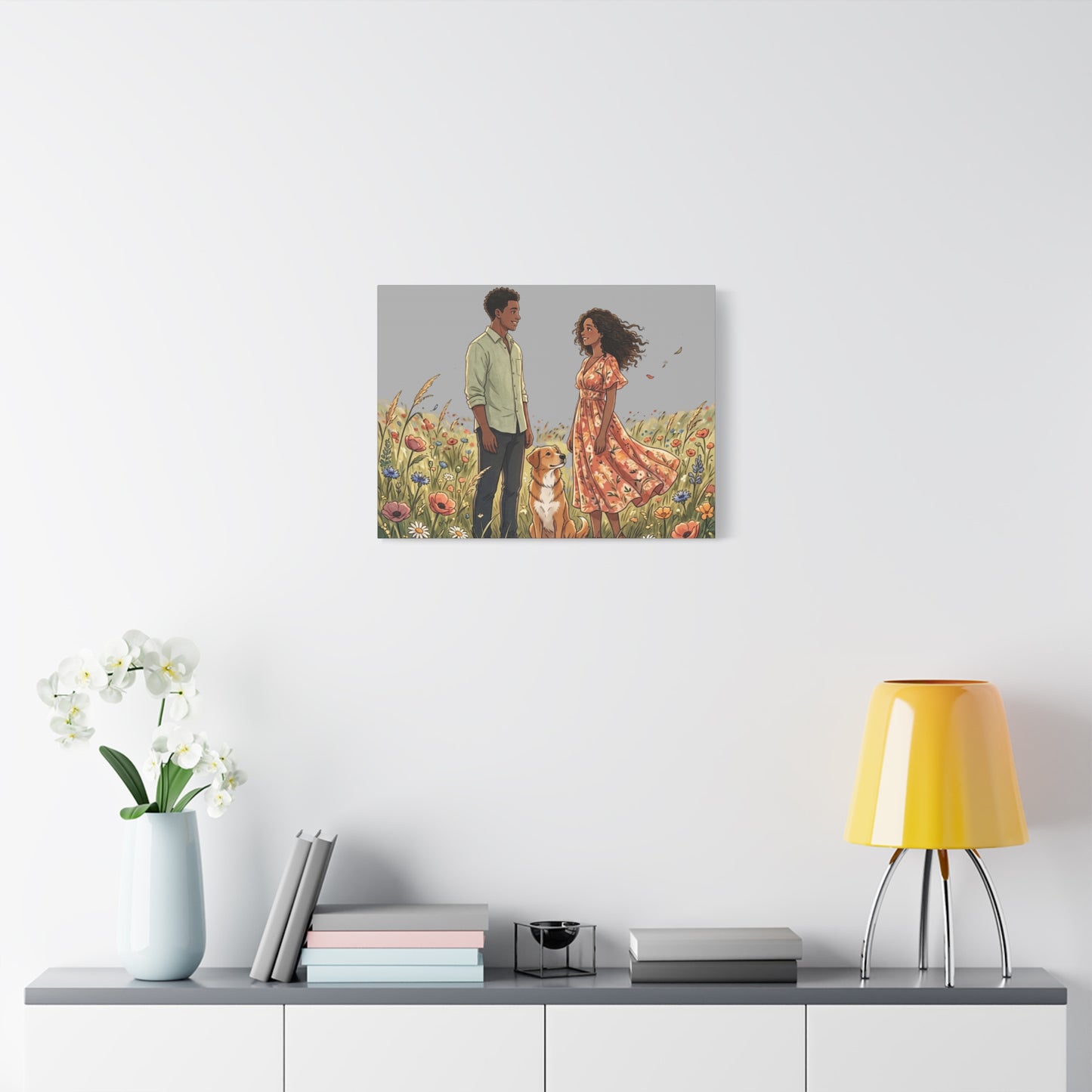 Romantic Couple in Wildflower Field Canvas Art — Black Love Wall Decor with Dog