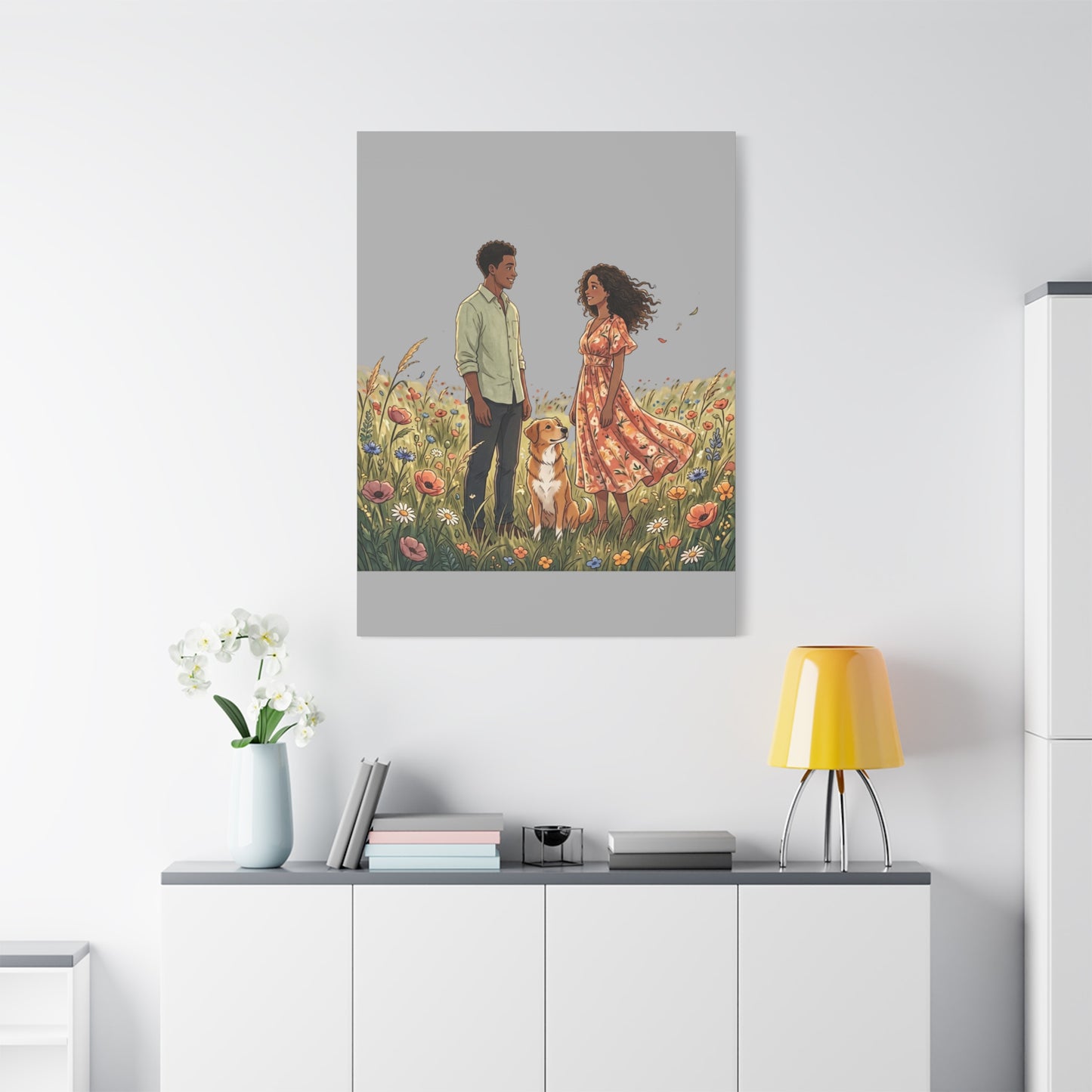 Romantic Couple in Wildflower Field Canvas Art — Black Love Wall Decor with Dog