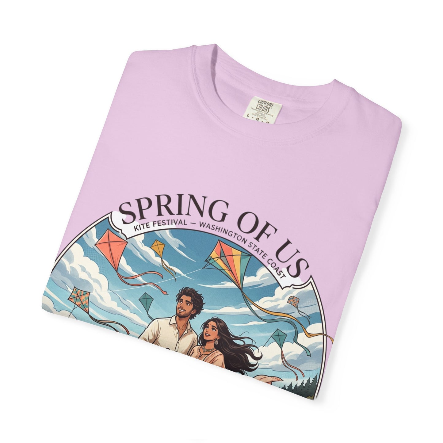 Spring of Us T-Shirt — Romantic Beach Couple Illustration with Dog