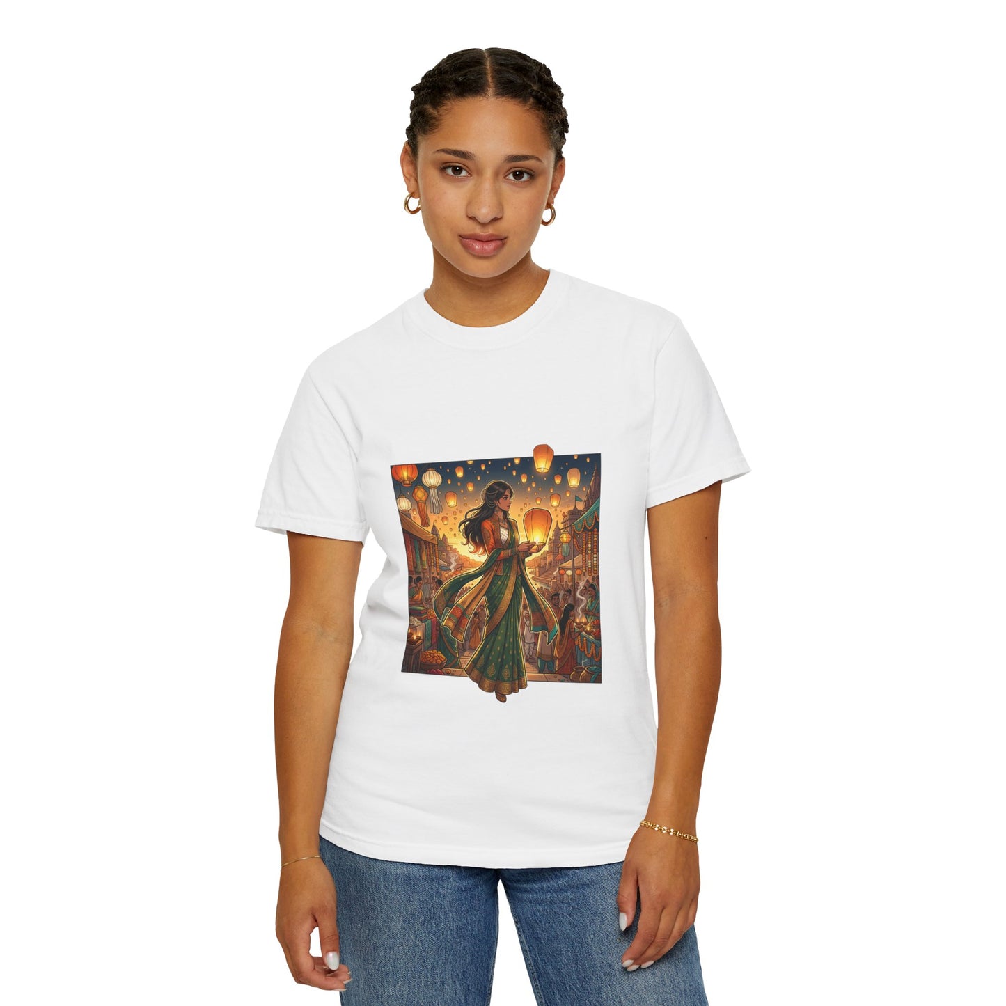 Diwali Lantern Festival T-Shirt — Indian Dancer with Floating Sky Lanterns