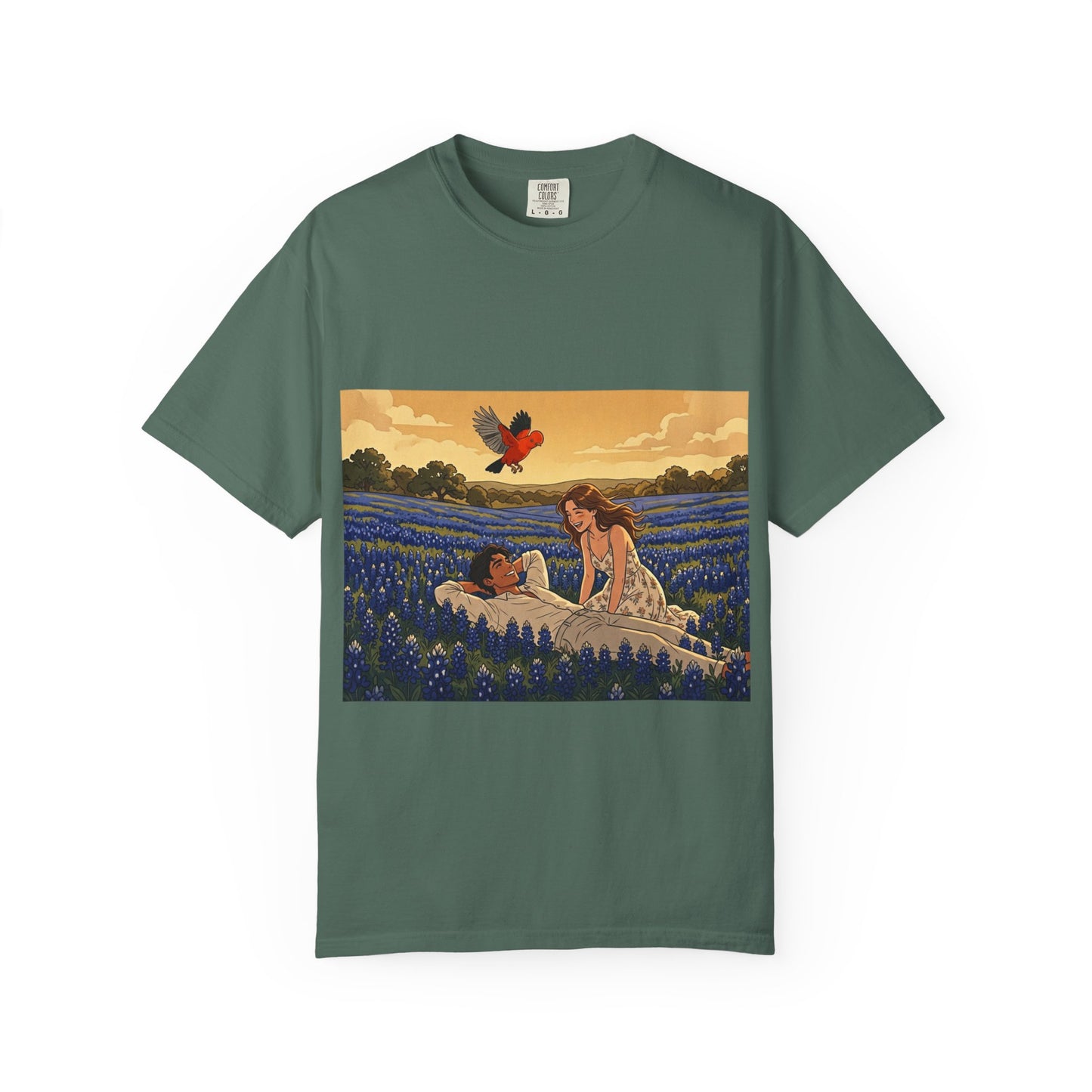 Romantic Bluebonnet Field T-Shirt — Couple in Wildflower Meadow Art Tee