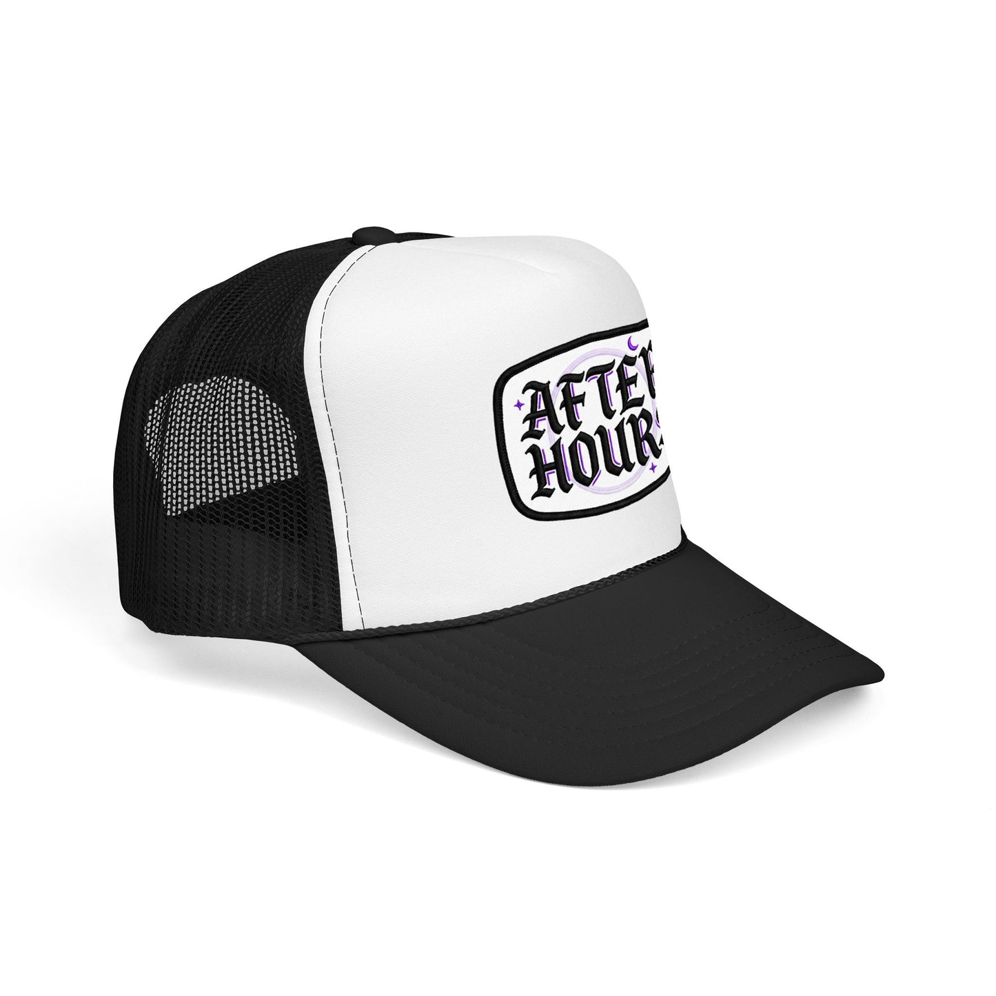 After Hours Foam Trucker Hat – Retro Gothic Embroidered Patch Cap
