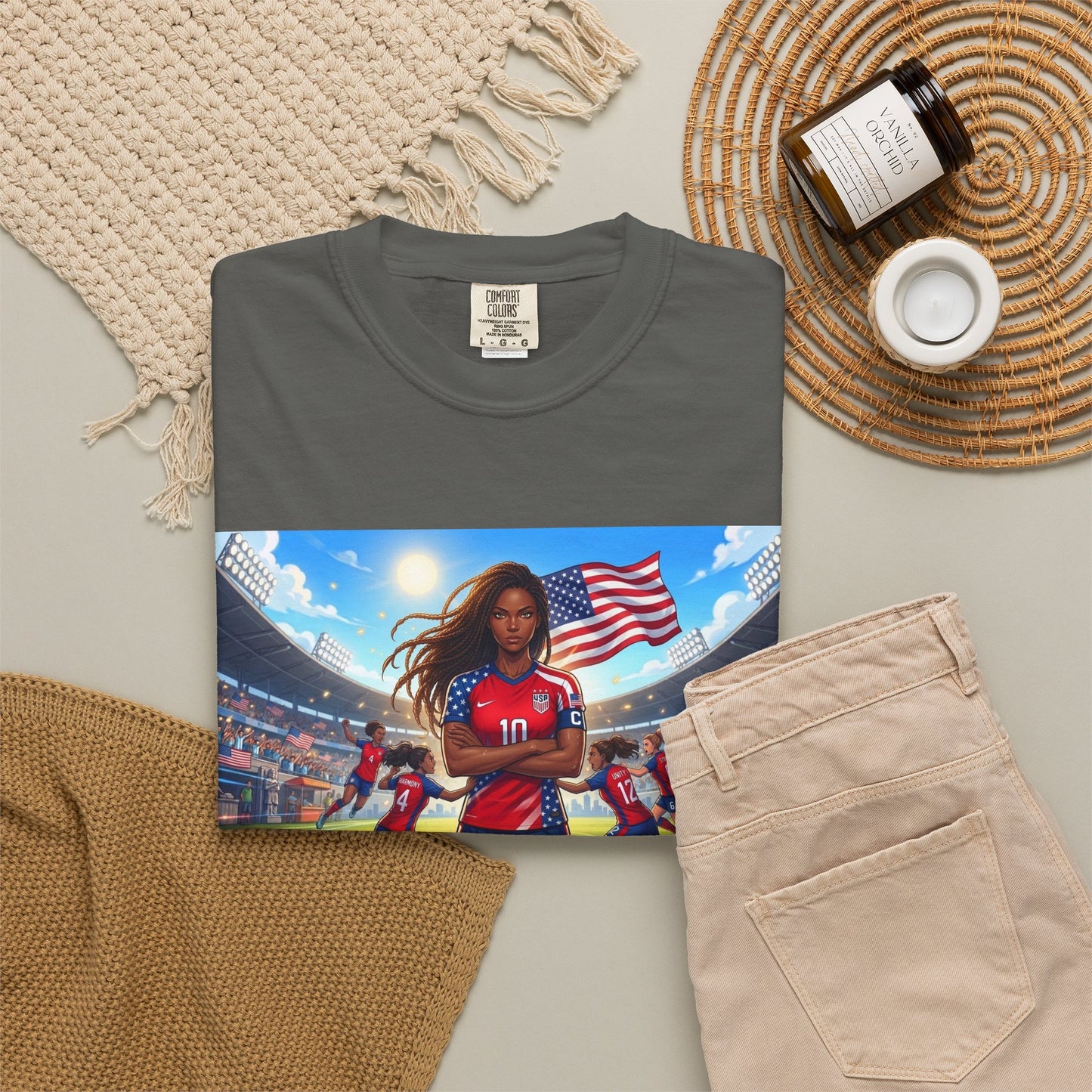 Soccer Mom USA T-Shirt — Female Soccer Player with American Flag Stadium Graphic