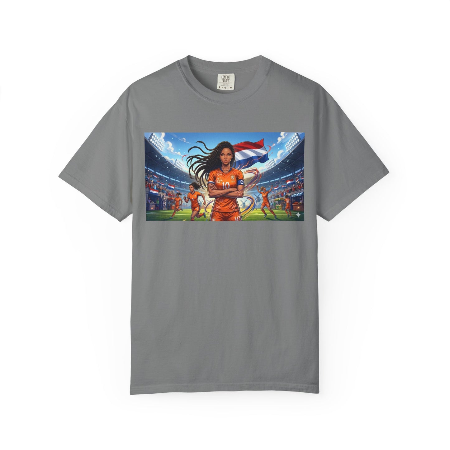 Soccer Warrior T-Shirt — Netherlands Female Captain with Flag Stadium Graphic