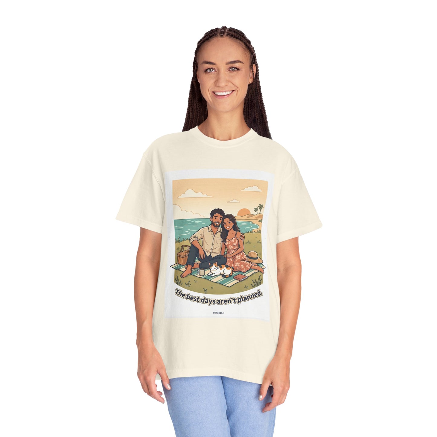 Beach Picnic Couple T‑Shirt — “The best days aren’t planned.” Relaxed Vacation Tee