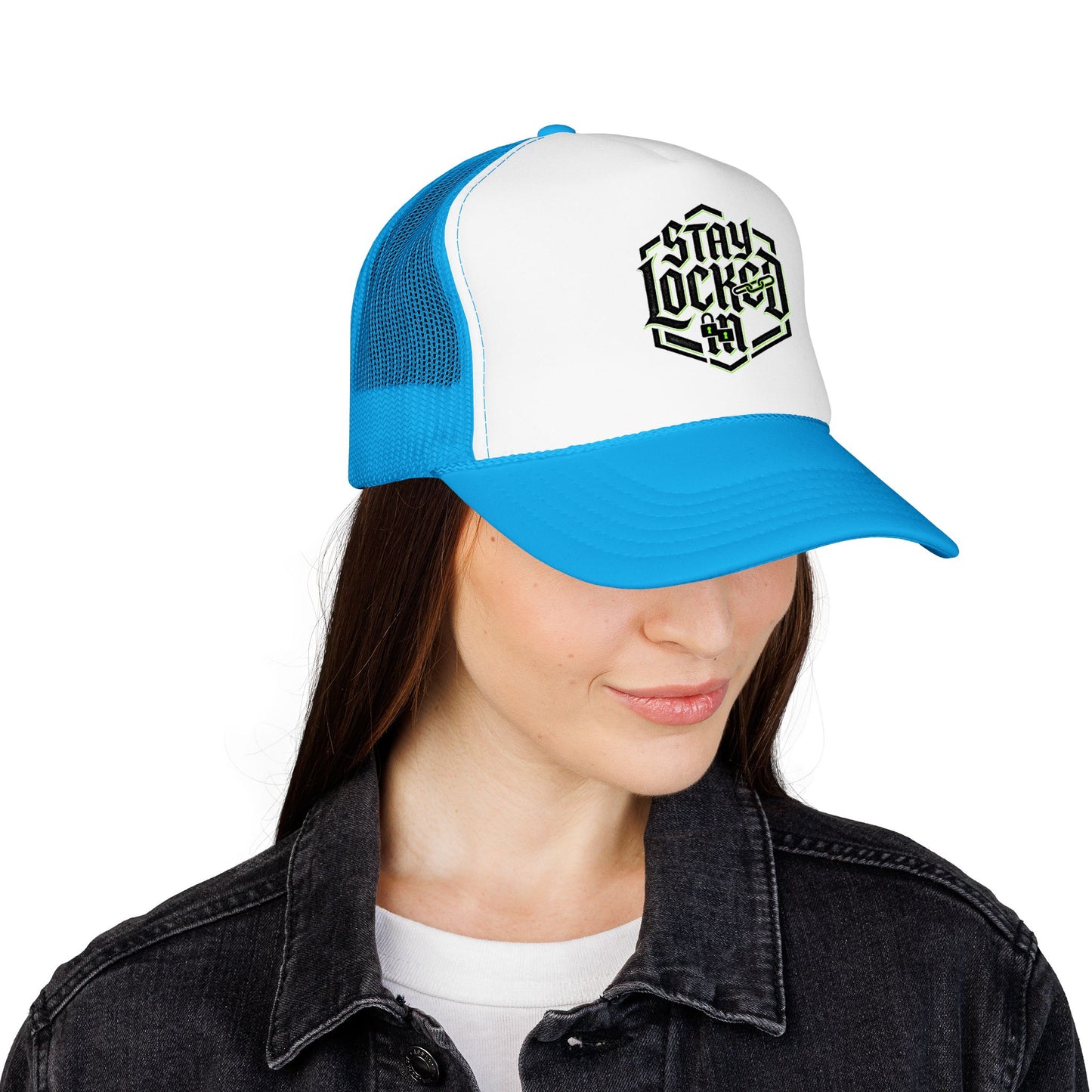 Trucker Hat – Neon 'Stay Lucked In' Embroidered Mesh Cap