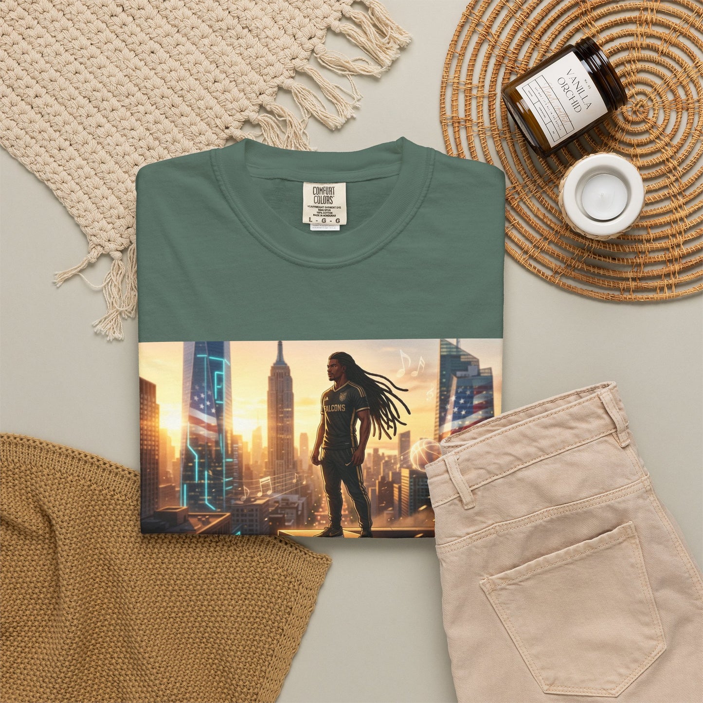 Cyberpunk Cityscape T-Shirt — Silhouette Hero at Sunset