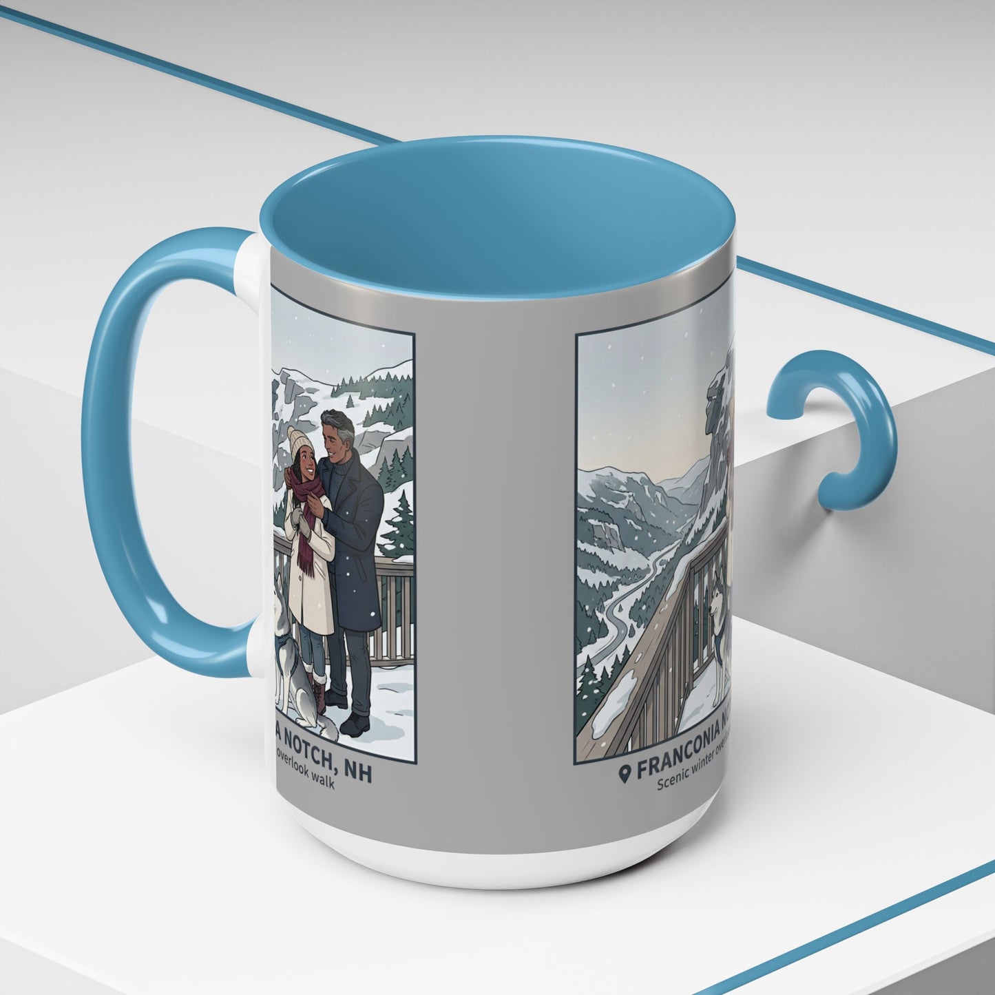 Franconia Notch Scenic Winter Mug — Couples & Dog Snowy Overlook Coffee Cup (11/15oz)