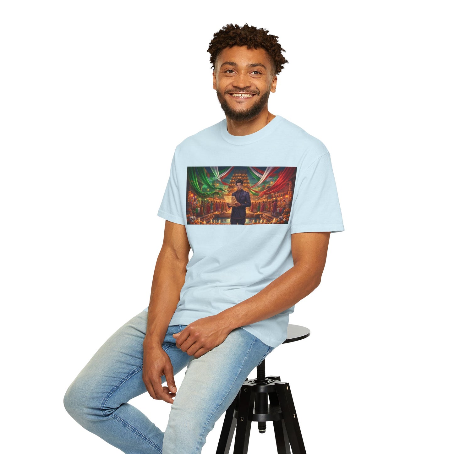 T-Shirt — Dragon Temple Night Scene Graphic Tee (Monk with Dragons)