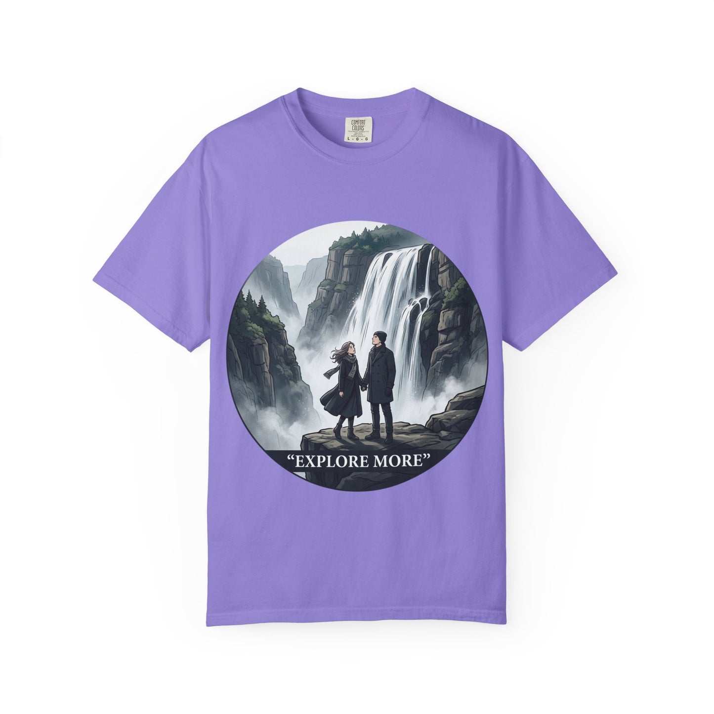 Explore More T-Shirt — Adventure Graphic Tee with Waterfall Scene