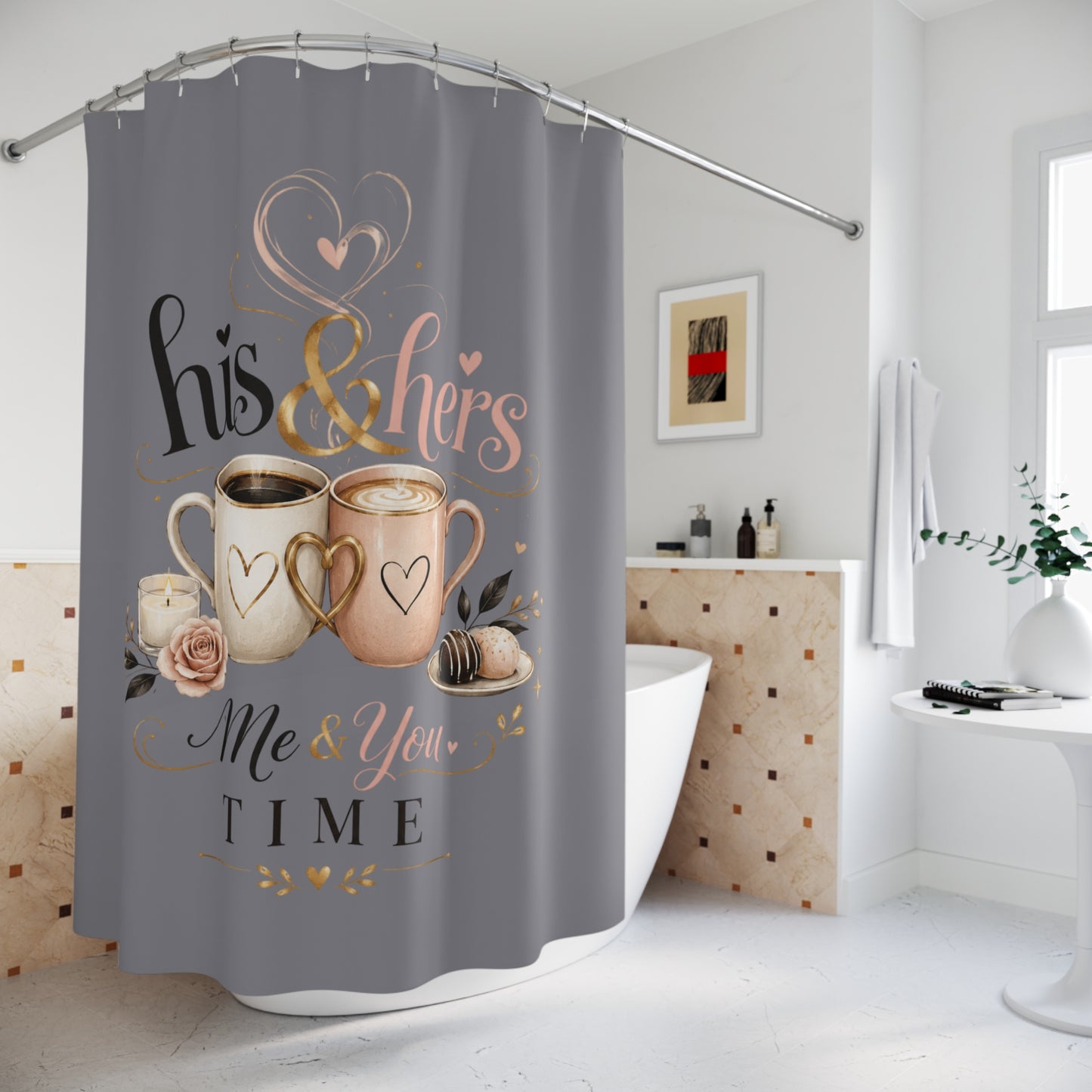 Brewed for Two. 2 Cups, One Love – His & Hers Coffee Shower Curtain for Couples