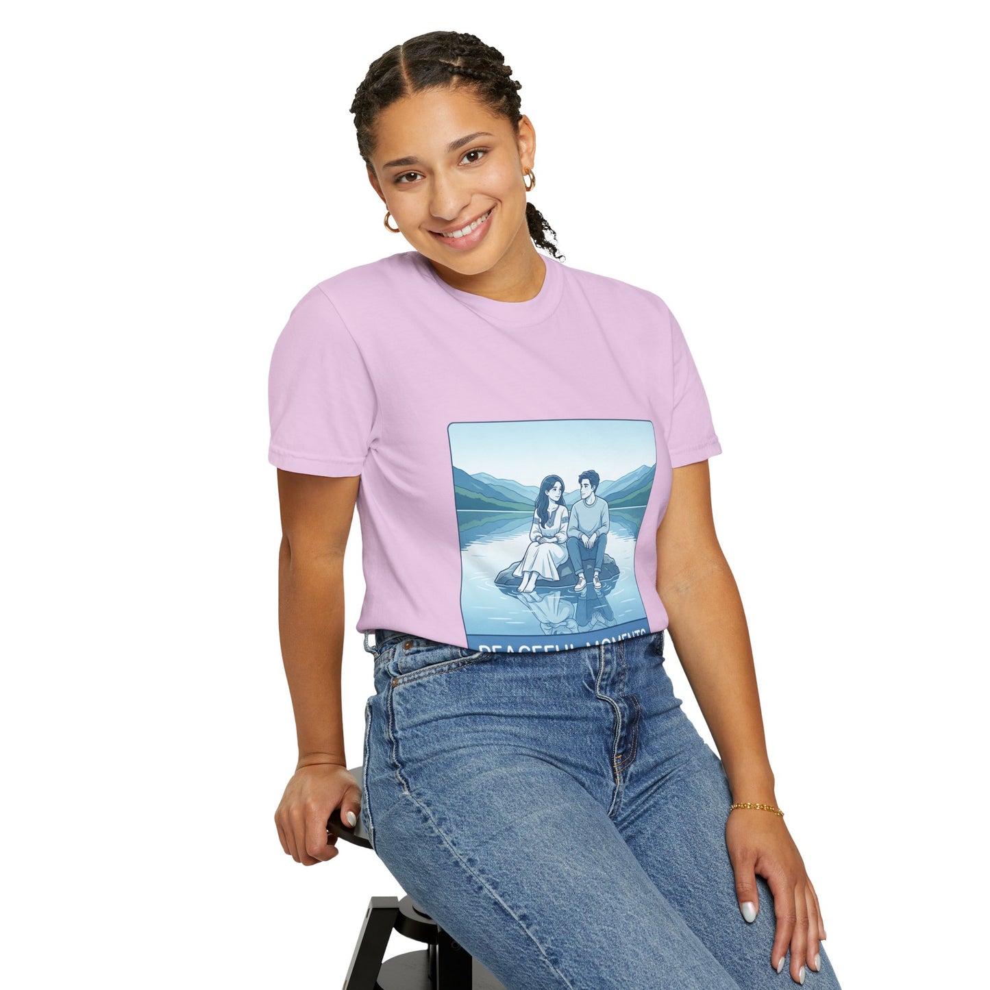 Peaceful Moments Tee — Couple Sitting by Lake Graphic T-Shirt