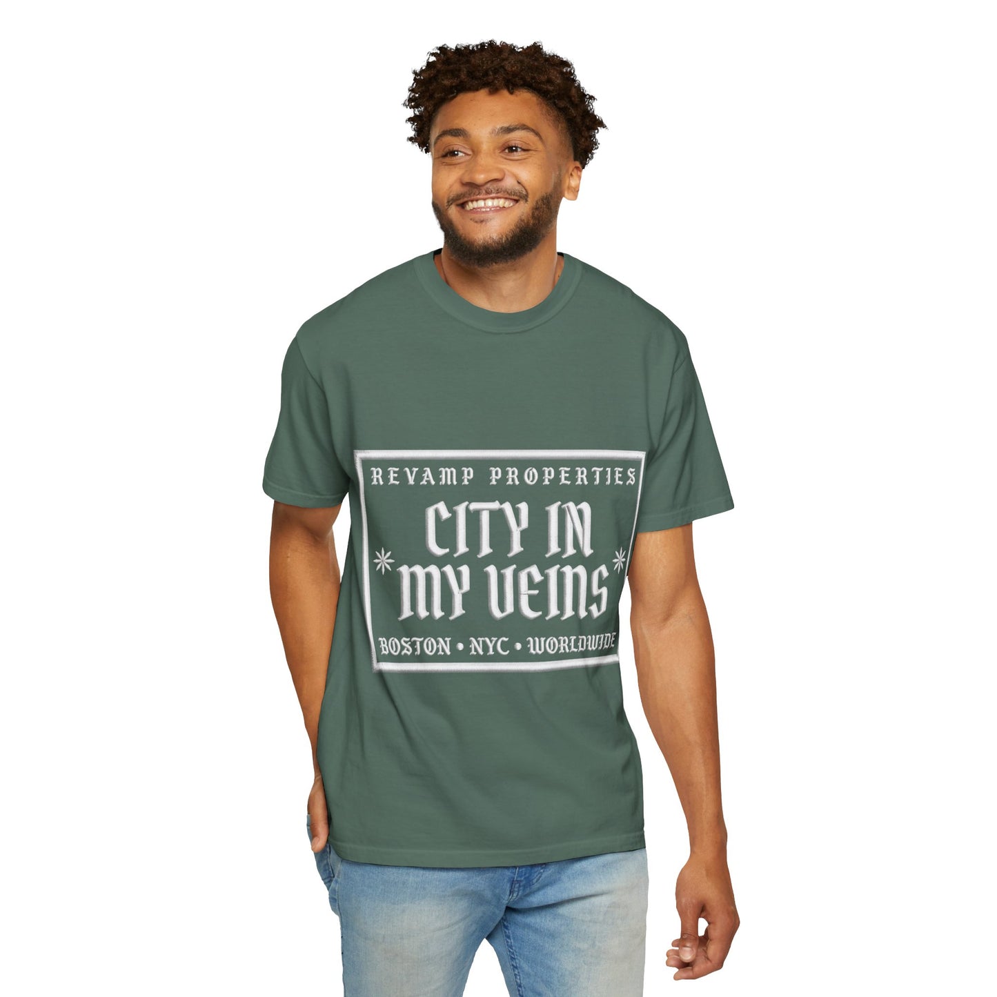 City In My Veins T‑Shirt — Vintage Cityscape Tee (Boston • NYC • Manchester)