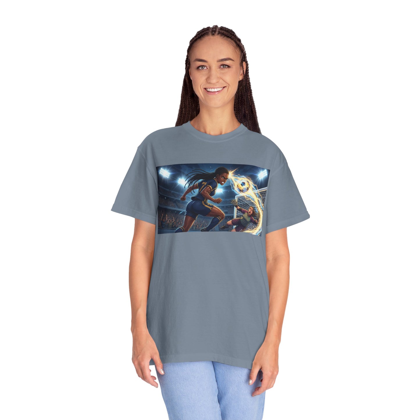Soccer Duel Graphic T-Shirt — Futuristic Goalkeeper vs Striker Stadium Print