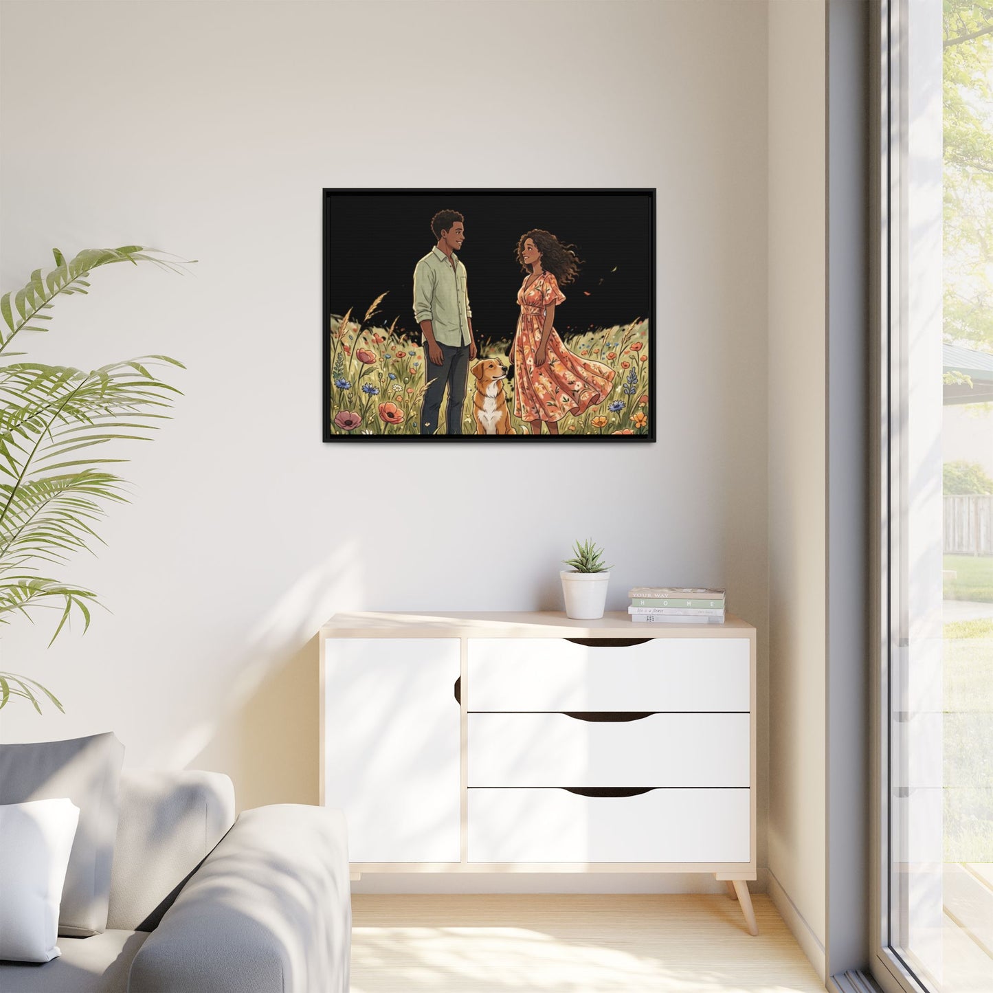 Framed Matte Canvas Print — Romantic Couple in Wildflower Field (Multi‑Color)