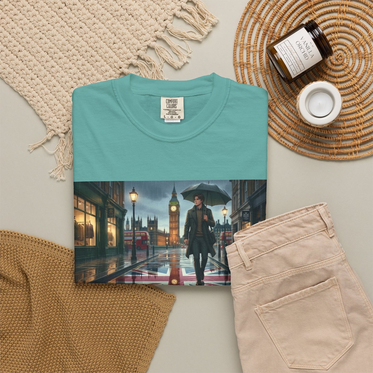 T-Shirt — Rainy London Street Scene Graphic Tee (Big Ben, Umbrella, Night Cityscape)