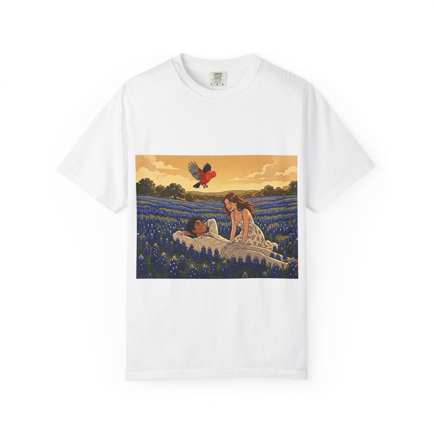 Romantic Bluebonnet Field T-Shirt — Couple in Wildflower Meadow Art Tee