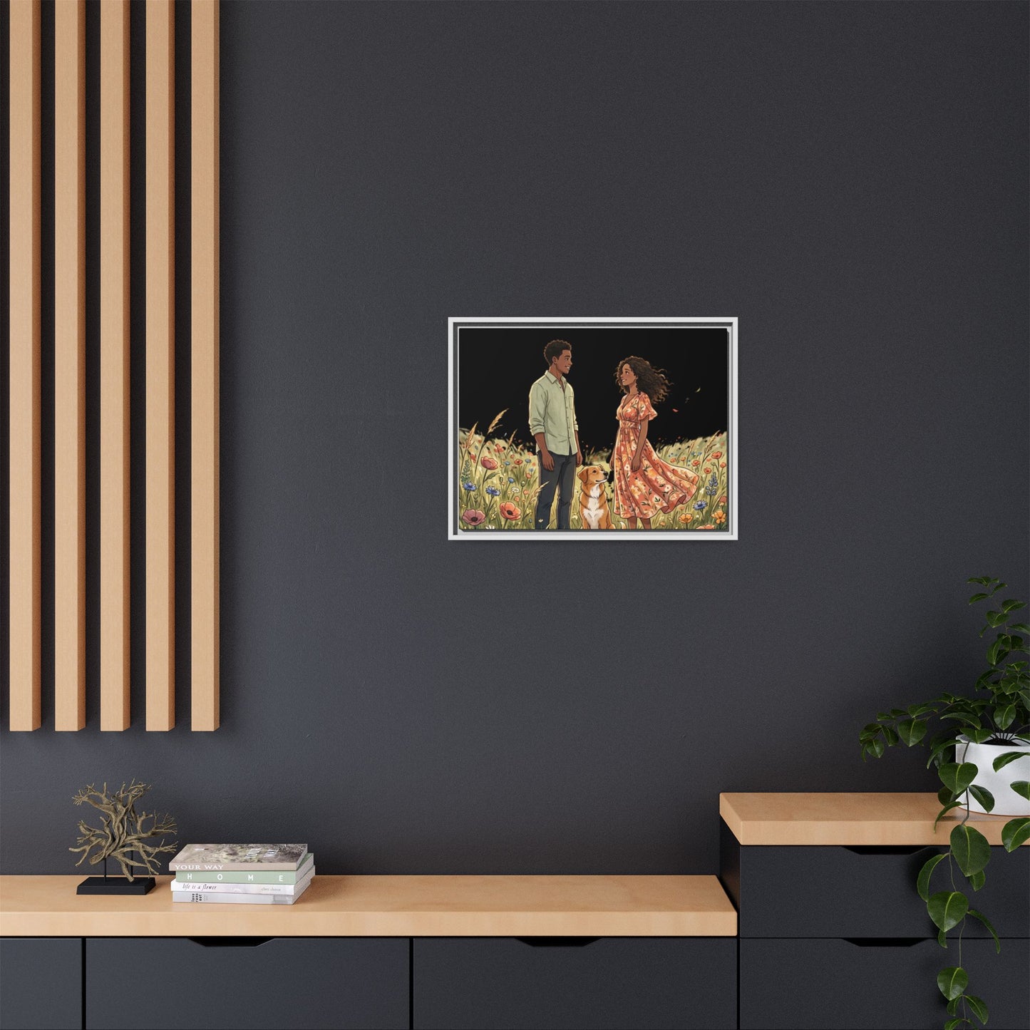 Framed Matte Canvas Print — Romantic Couple in Wildflower Field (Multi‑Color)