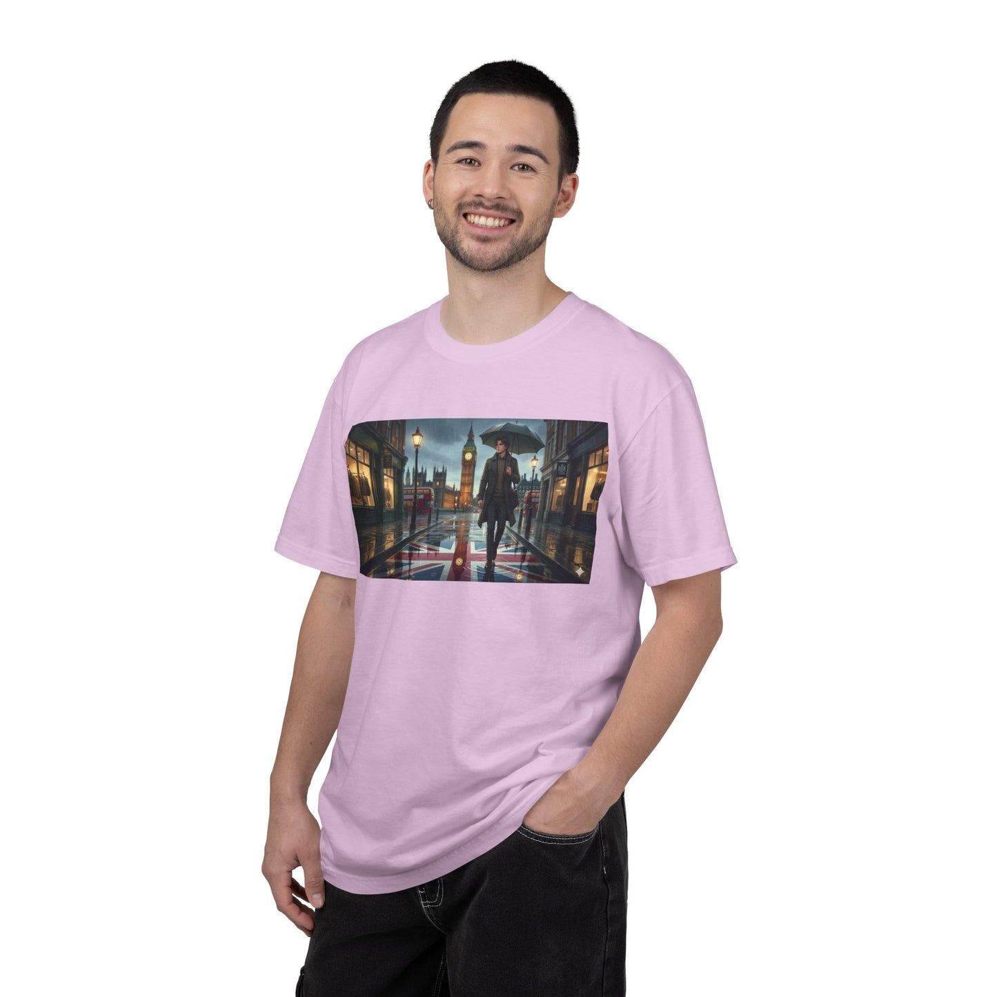 T-Shirt — Rainy London Street Scene Graphic Tee (Big Ben, Umbrella, Night Cityscape)