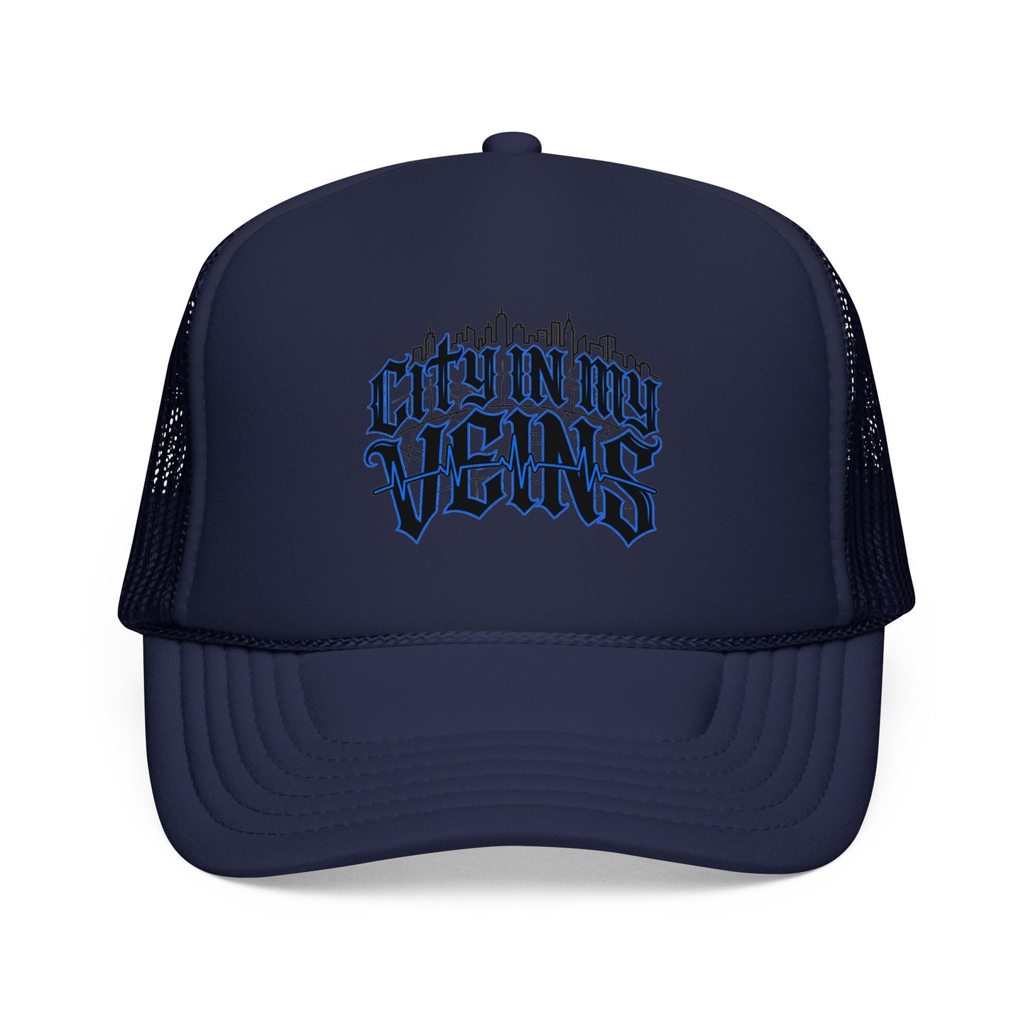 City In My Veins Foam Trucker Hat — Urban Gothic Blue Embroidered Cap