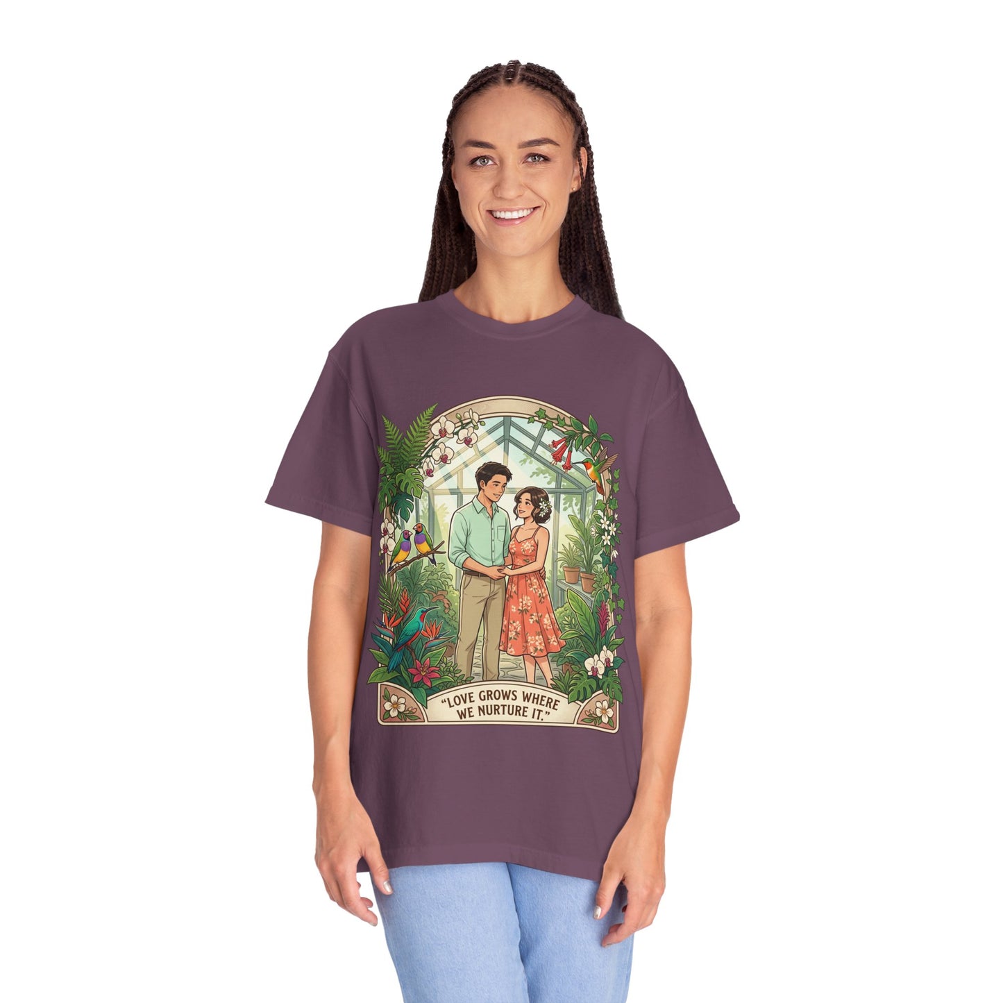 Romantic Greenhouse Couples T-Shirt — “Love Grows Where We Nurture It”