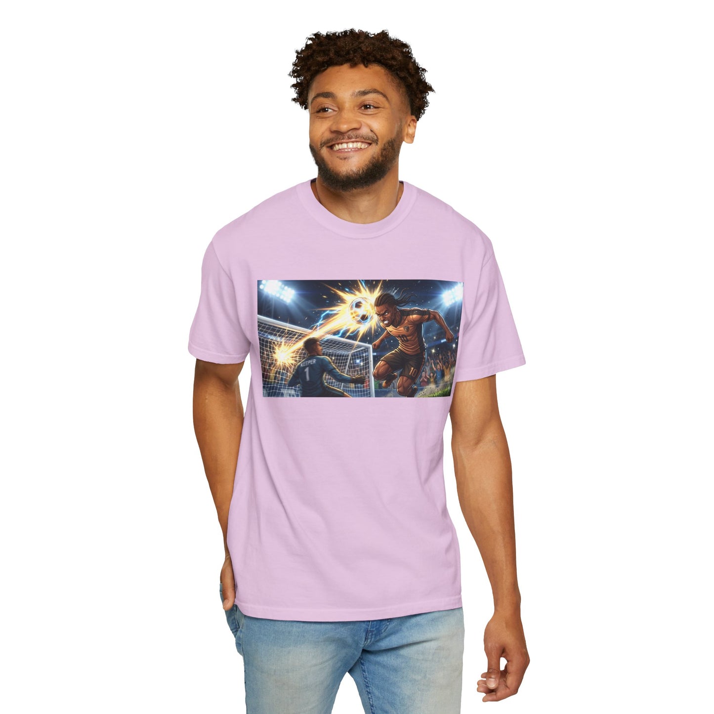 Soccer Goal Celebration T-Shirt — Action Football Scene Graphic Tee