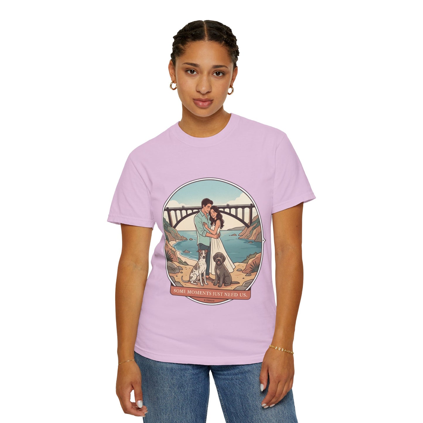 T-Shirt — Romantic Coastal Couples Tee “Some Moments Are Forever” with Dogs