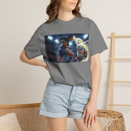 Soccer Duel Graphic T-Shirt — Futuristic Goalkeeper vs Striker Stadium Print