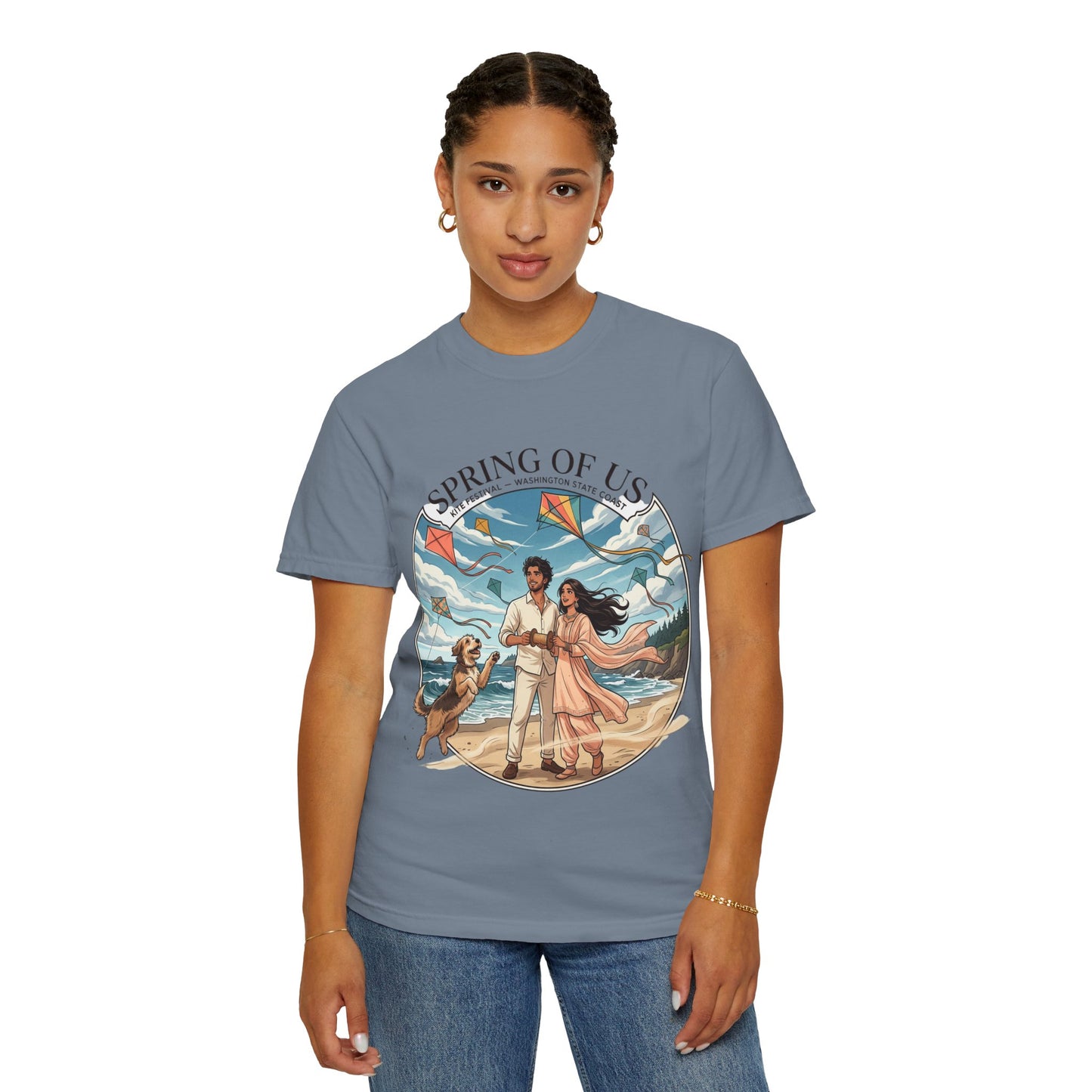 Spring of Us T-Shirt — Romantic Beach Couple Illustration with Dog