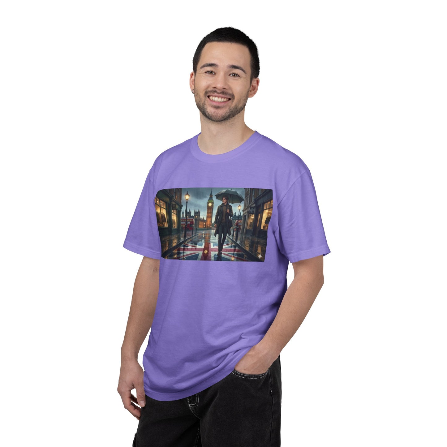 T-Shirt — Rainy London Street Scene Graphic Tee (Big Ben, Umbrella, Night Cityscape)