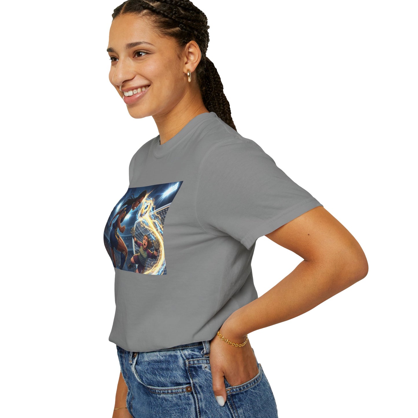 Soccer Duel Graphic T-Shirt — Futuristic Goalkeeper vs Striker Stadium Print
