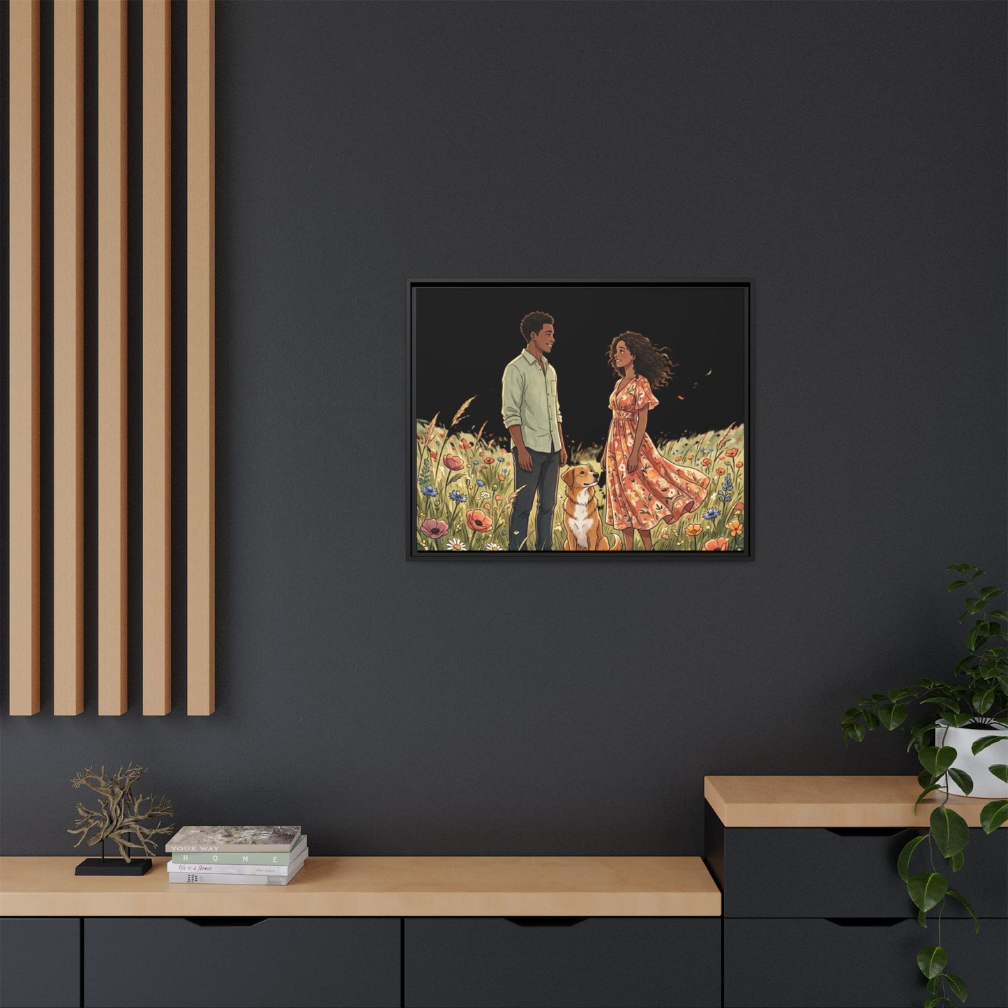 Framed Matte Canvas Print — Romantic Couple in Wildflower Field (Multi‑Color)