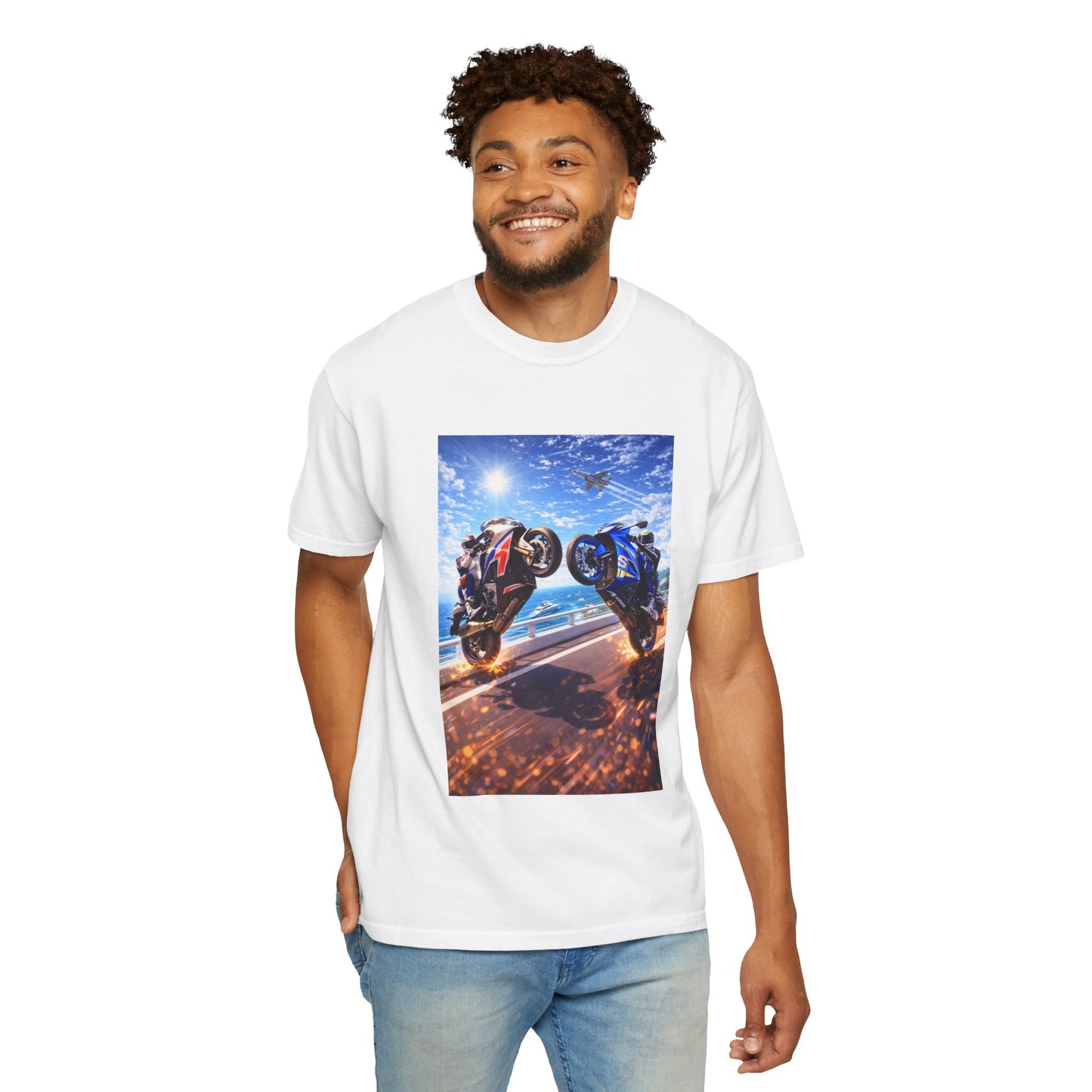 Stunt Riders Motorcycle T-Shirt — Two Bike Wheelie Racing Graphic Tee