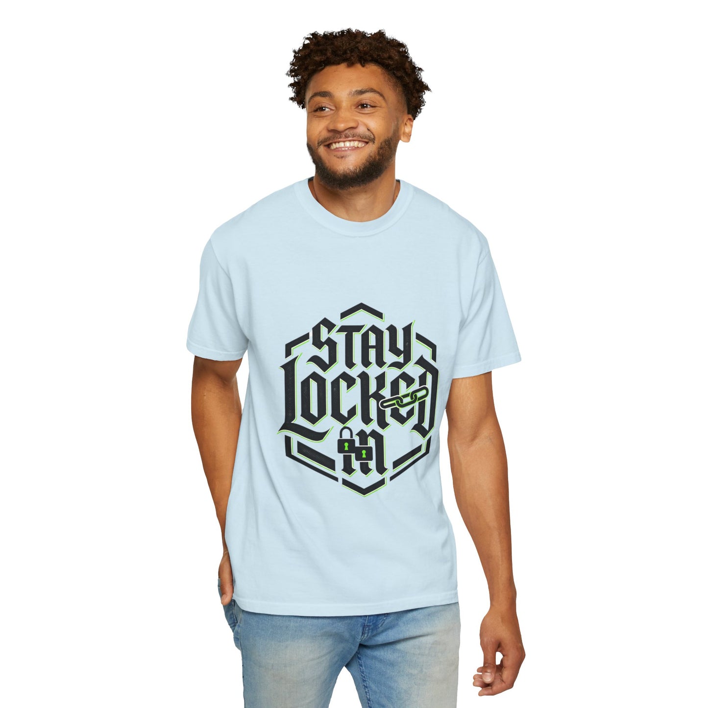 Stay Locked In T-Shirt — Bold Gothic Logo Tee