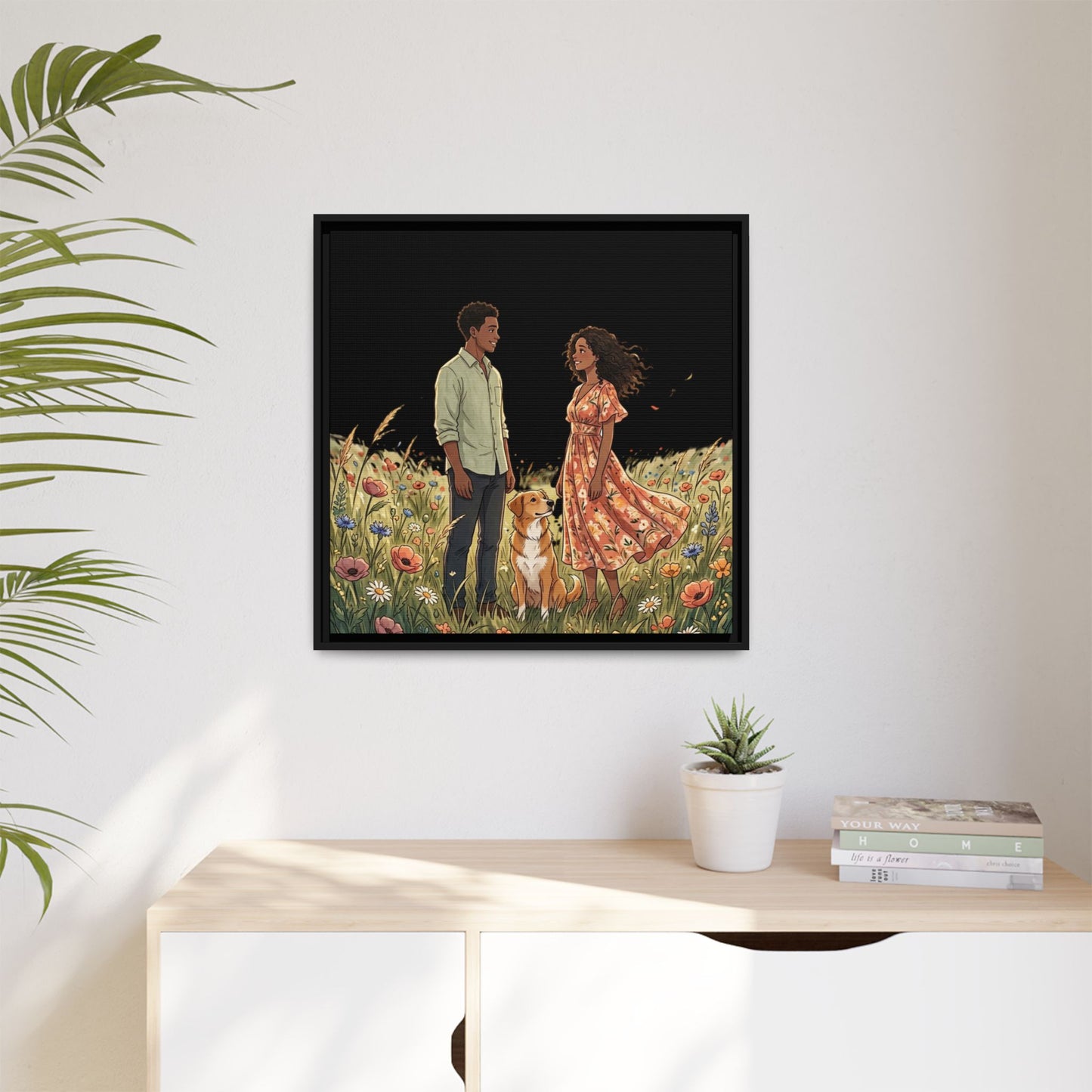 Framed Matte Canvas Print — Romantic Couple in Wildflower Field (Multi‑Color)