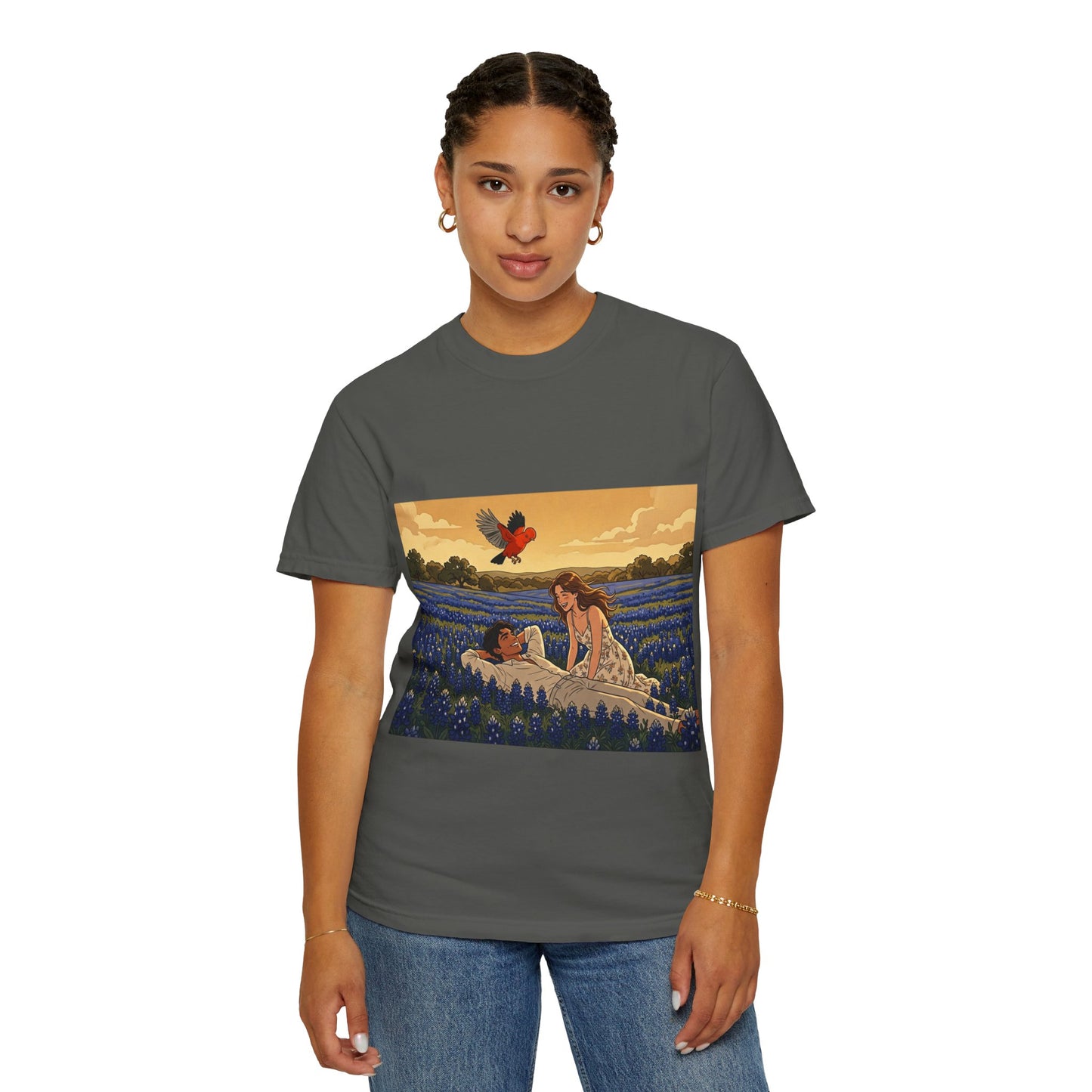 Romantic Bluebonnet Field T-Shirt — Couple in Wildflower Meadow Art Tee