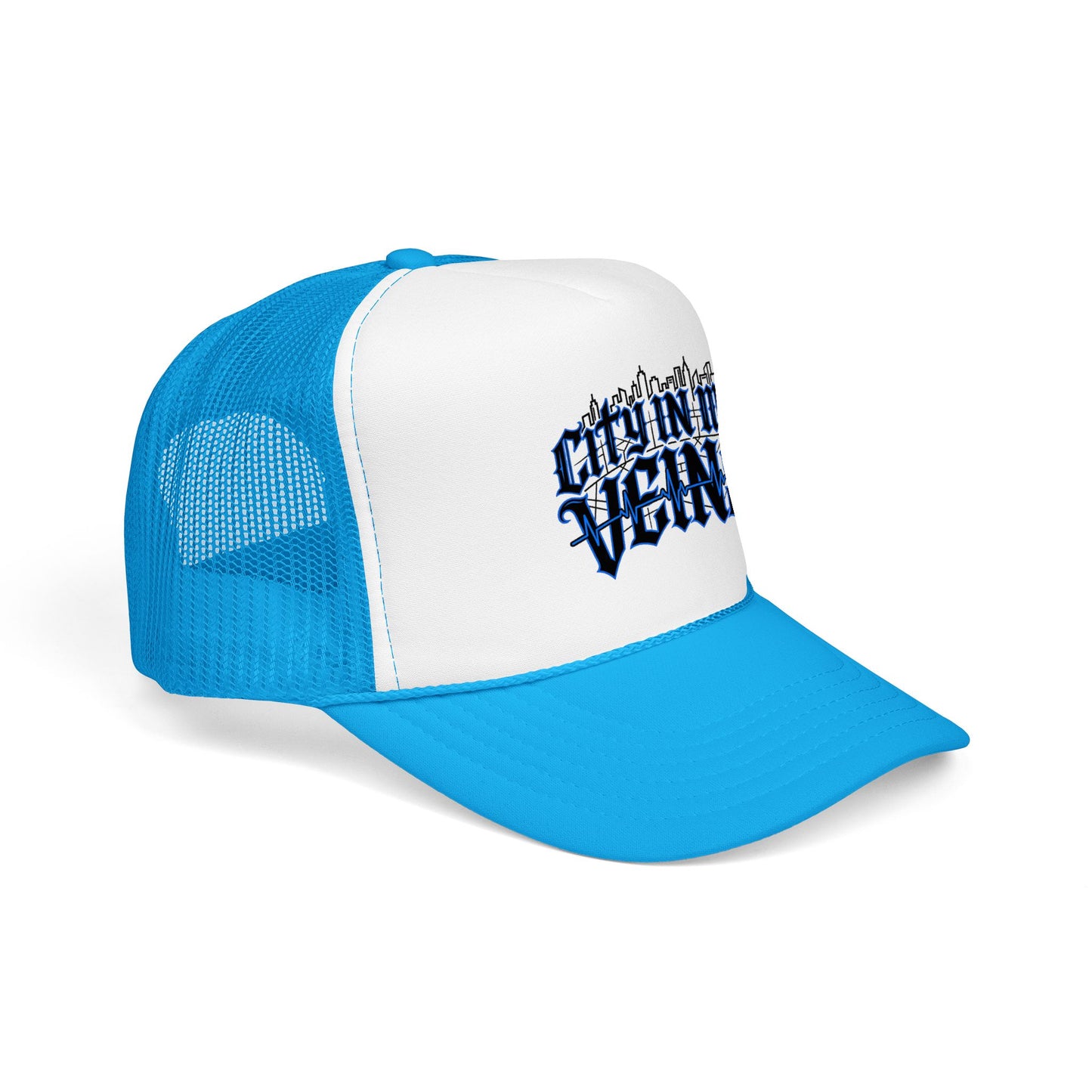 City In My Veins Foam Trucker Hat — Urban Gothic Blue Embroidered Cap