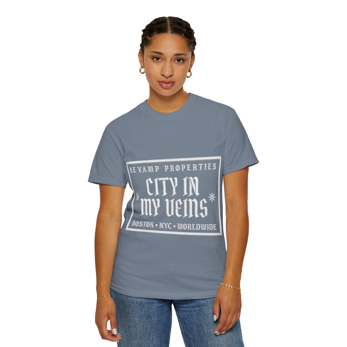 City In My Veins T‑Shirt — Vintage Cityscape Tee (Boston • NYC • Manchester)
