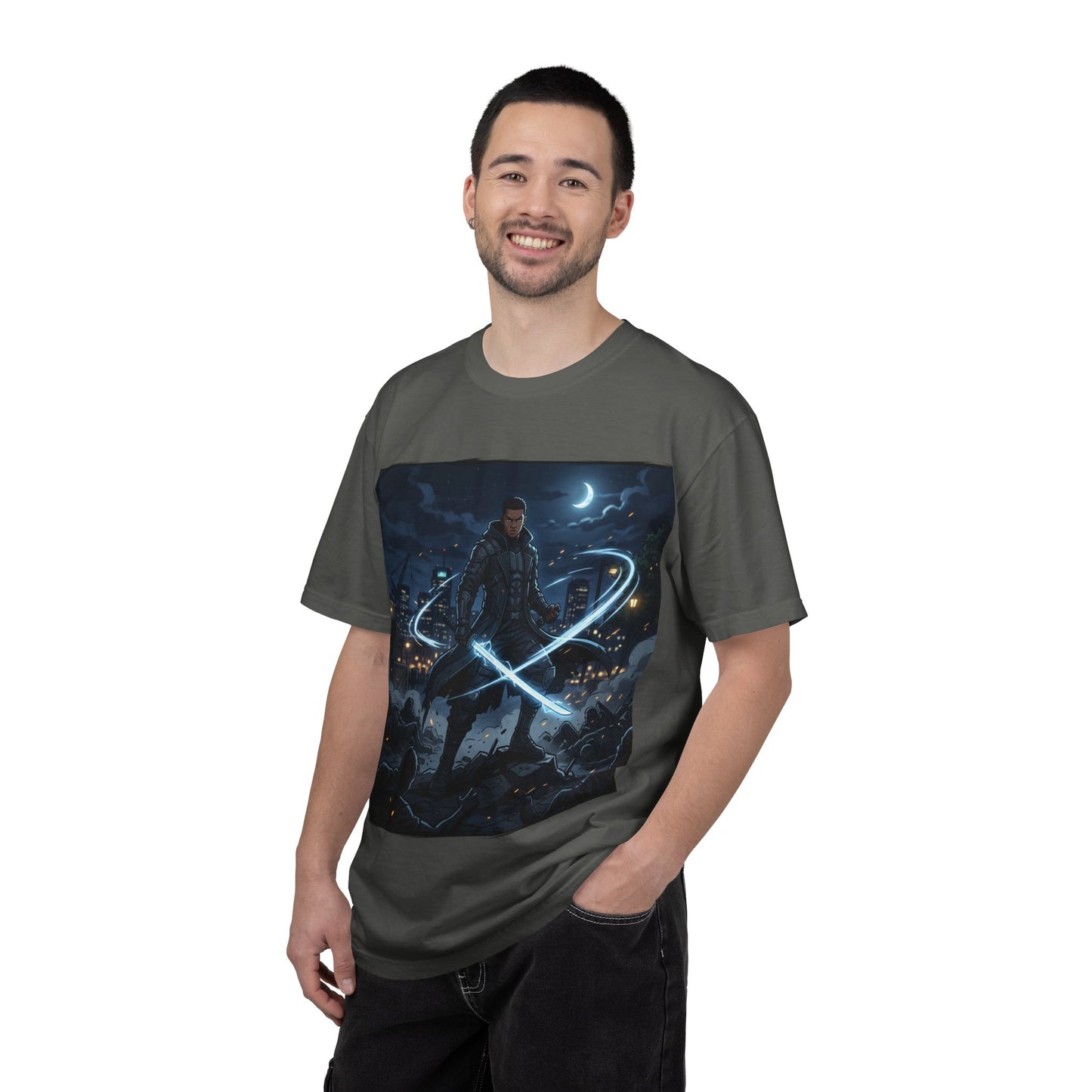 Urban Night Warrior T-Shirt — Neon Samurai Cityscape