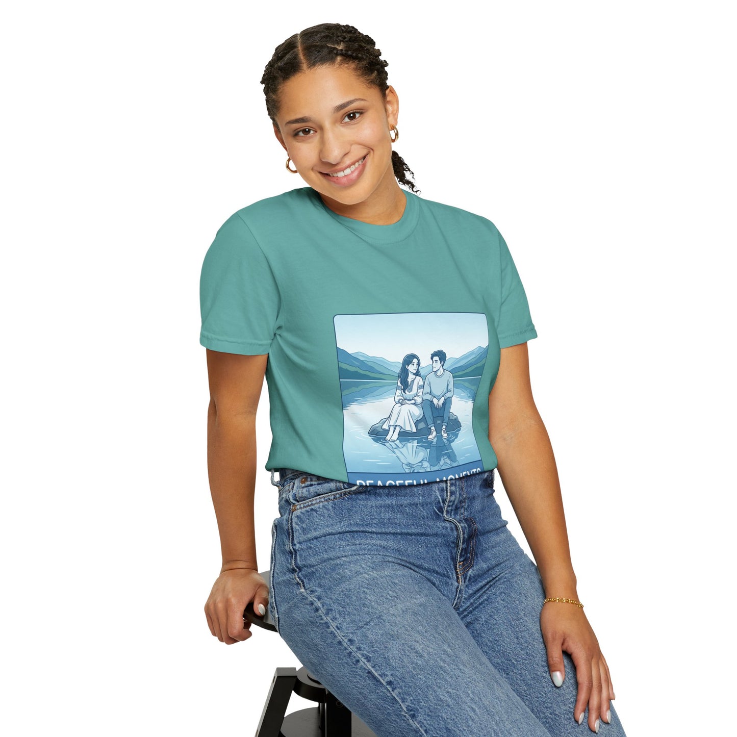 Peaceful Moments Tee — Couple Sitting by Lake Graphic T-Shirt