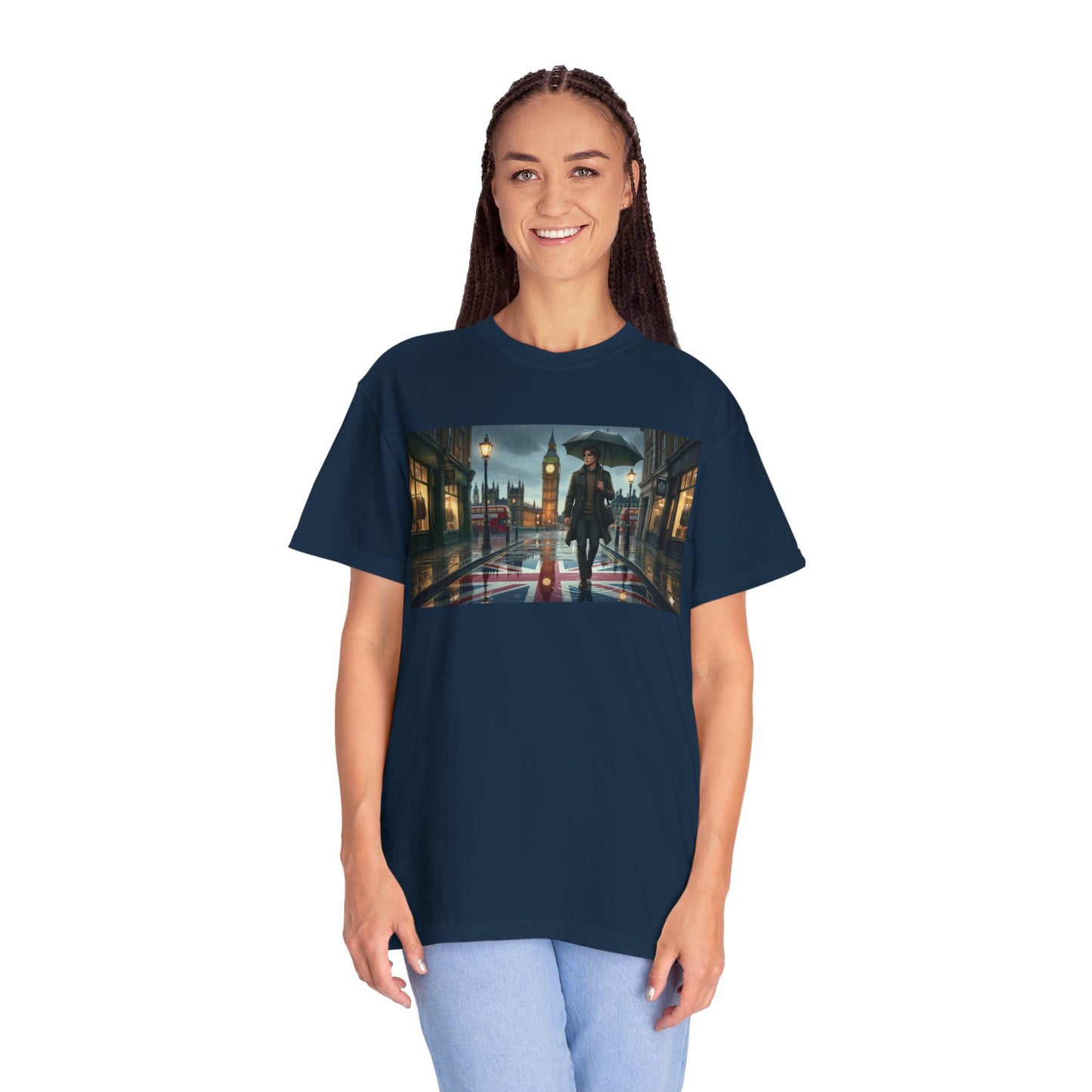 T-Shirt — Rainy London Street Scene Graphic Tee (Big Ben, Umbrella, Night Cityscape)