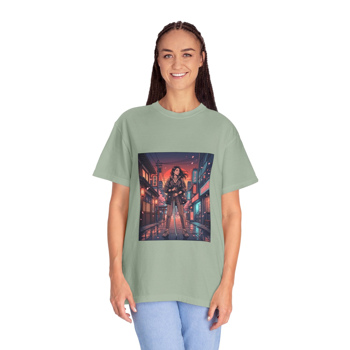 Cyberpunk Night Streets T‑Shirt — Neon Samurai Girl Graphic Tee