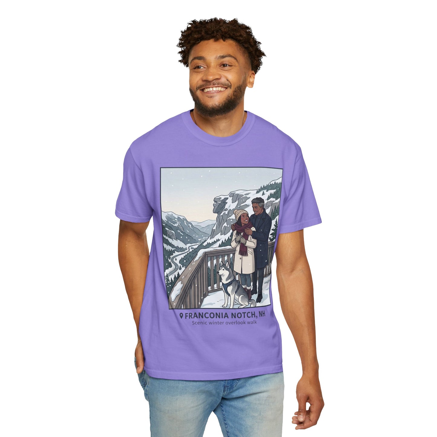 Franconia Notch NH Winter View T-Shirt — Scenic Couple & Husky Travel Tee
