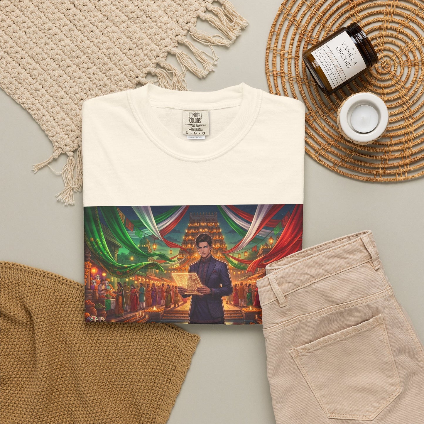 T-Shirt — Dragon Temple Night Scene Graphic Tee (Monk with Dragons)