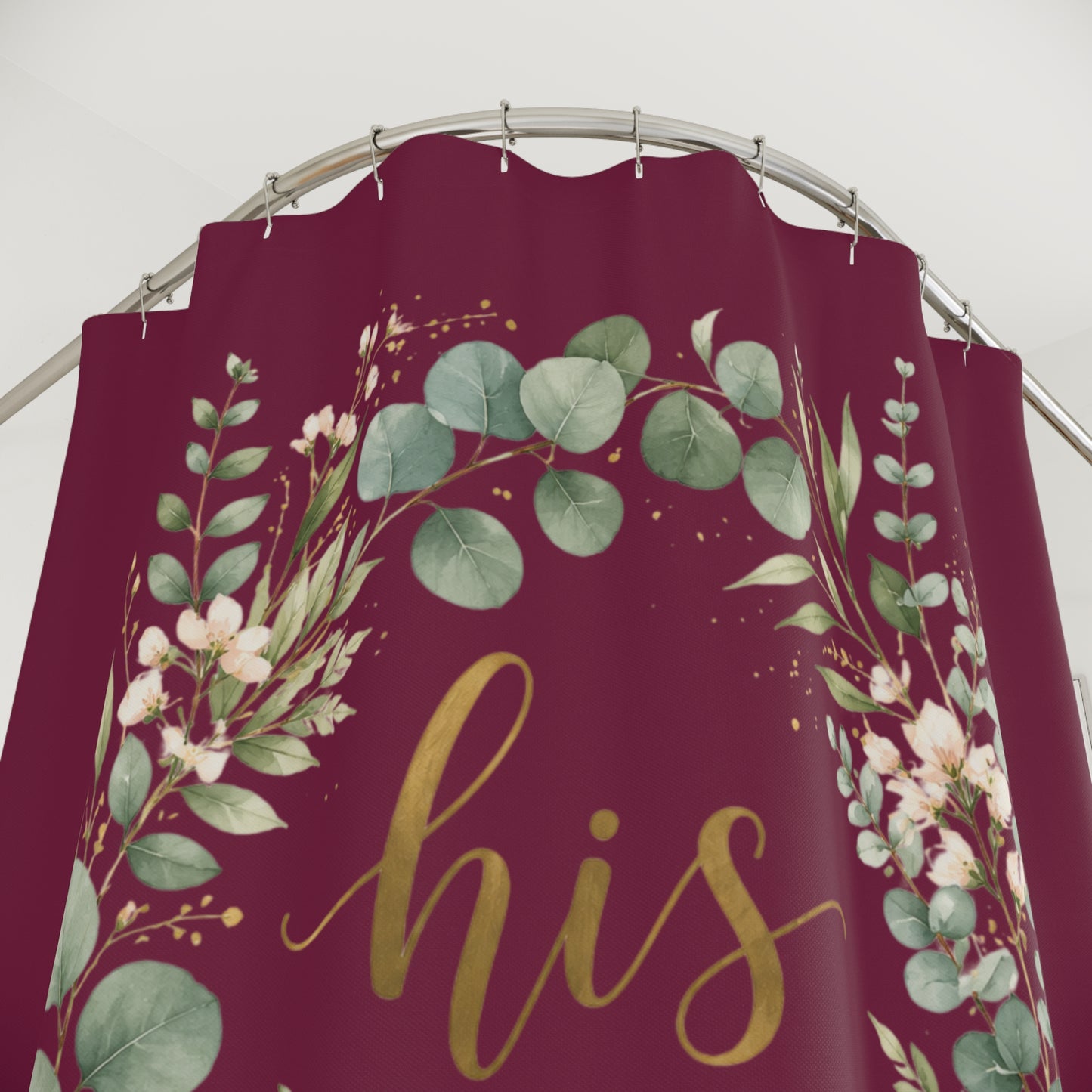His & Hers Burgundy Floral Shower Curtain – Romantic Eucalyptus Wedding Bathroom Decor