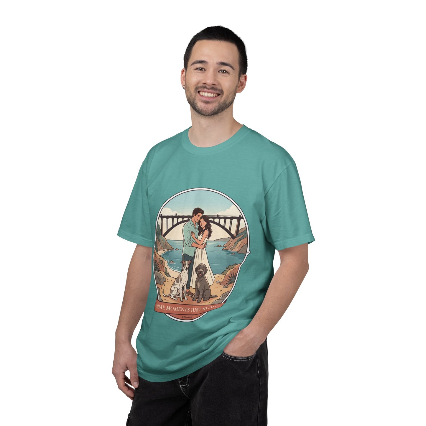 T-Shirt — Romantic Coastal Couples Tee “Some Moments Are Forever” with Dogs