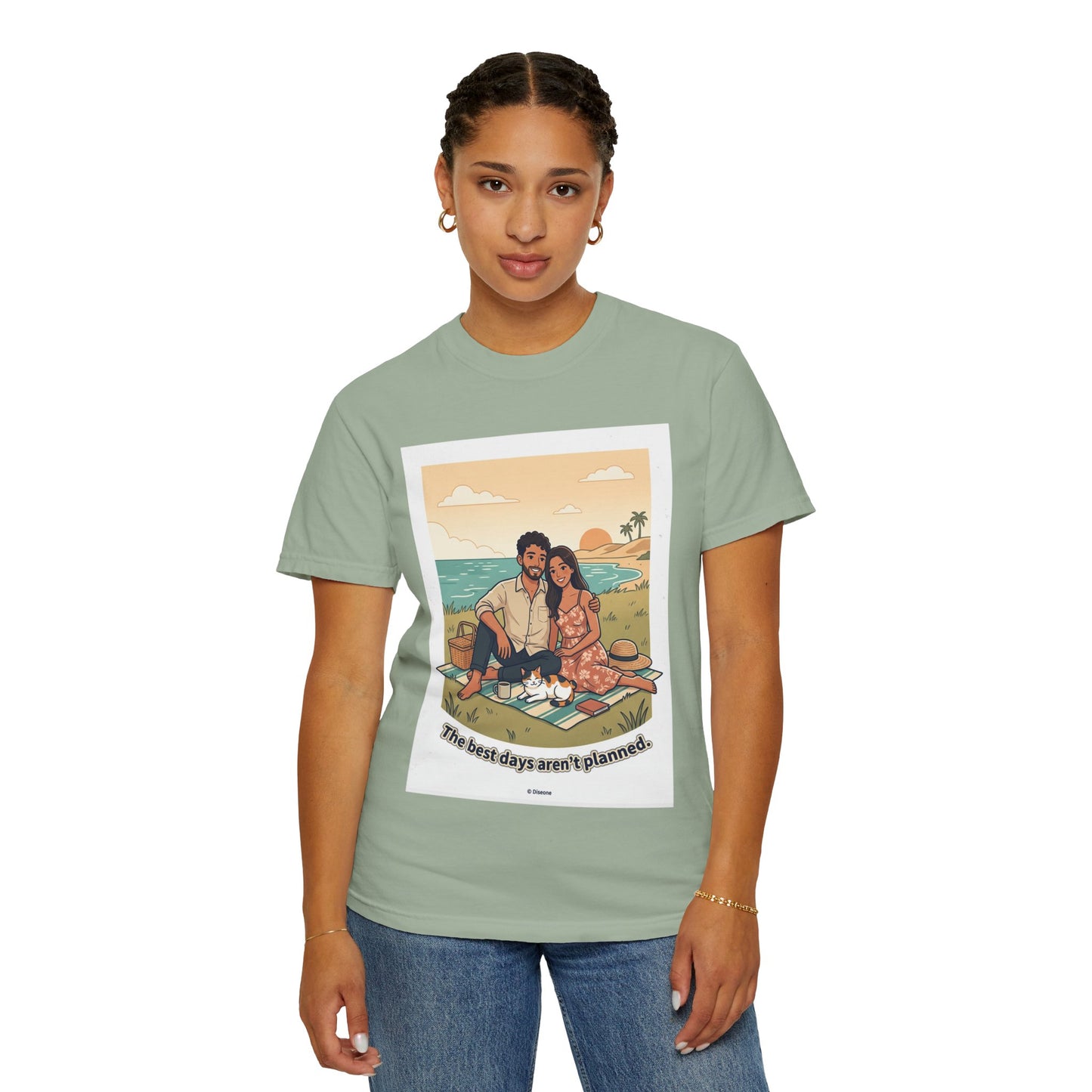 Beach Picnic Couple T‑Shirt — “The best days aren’t planned.” Relaxed Vacation Tee