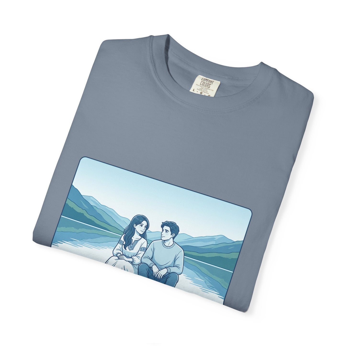Peaceful Moments Tee — Couple Sitting by Lake Graphic T-Shirt