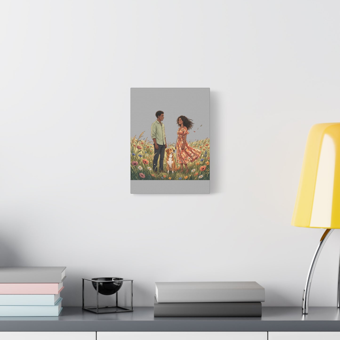 Romantic Couple in Wildflower Field Canvas Art — Black Love Wall Decor with Dog